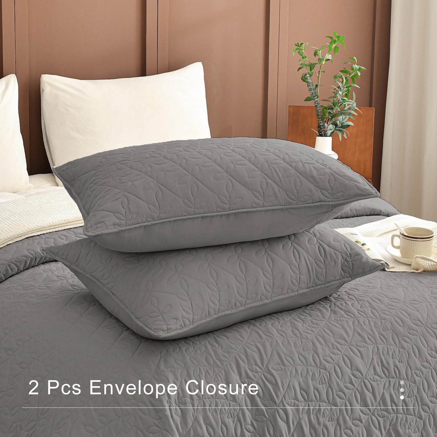 Masaca Oversized King Bedspread 128"x120",Grey Leaf Pattern King Quilt Bedding Set Oversized,3 Pieces Soft Lightweight Gray Extra Large Farmhouse Bedspread & Coverlet Sets