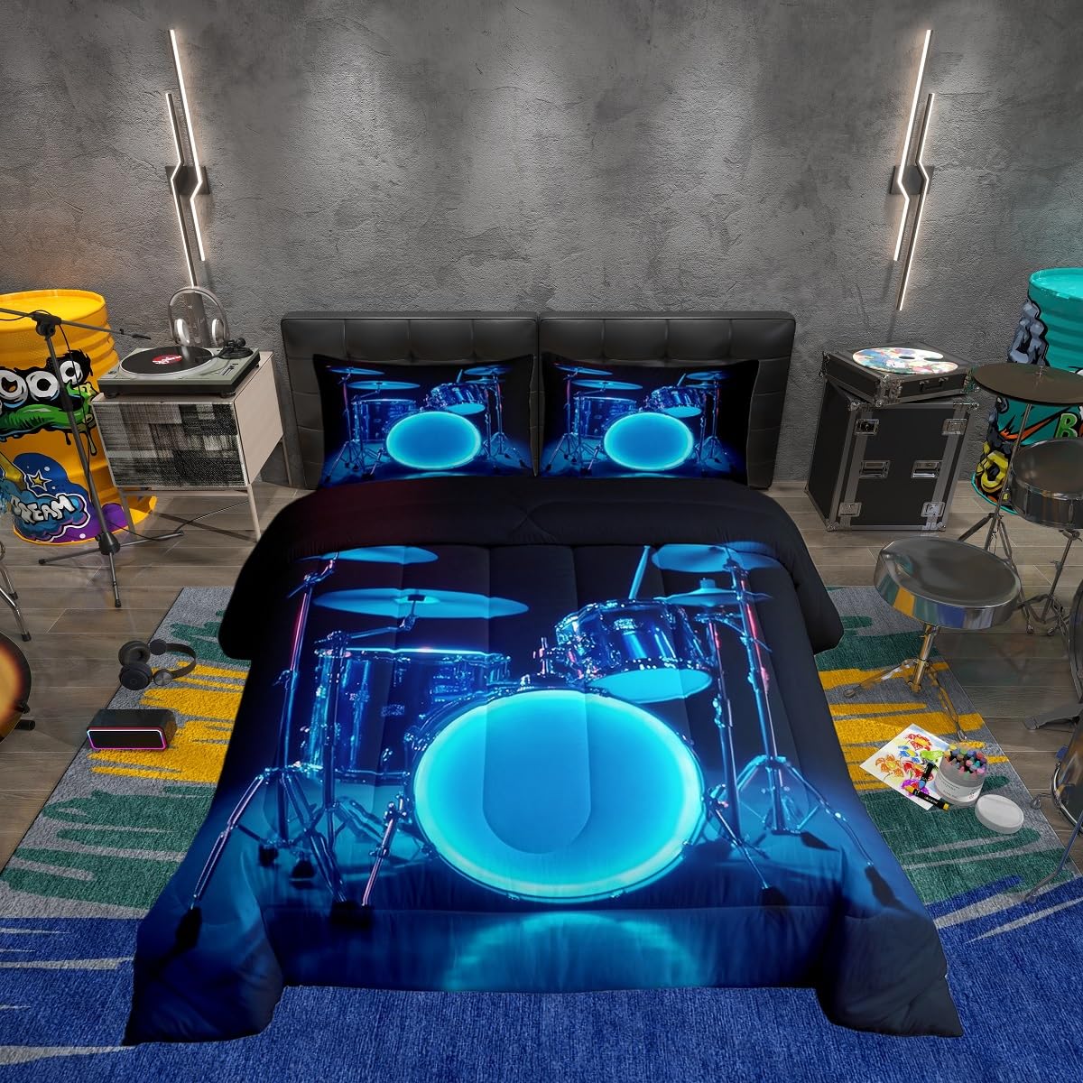 Erosebridal 3D Drum Kit Kids Comforter Sets Blue Light Drum Kit Queen Bedding Set for Boys Girls Rock Musical Instrument Comforter Set,Rock Music Theme Quilt Duvet 3 Pcs