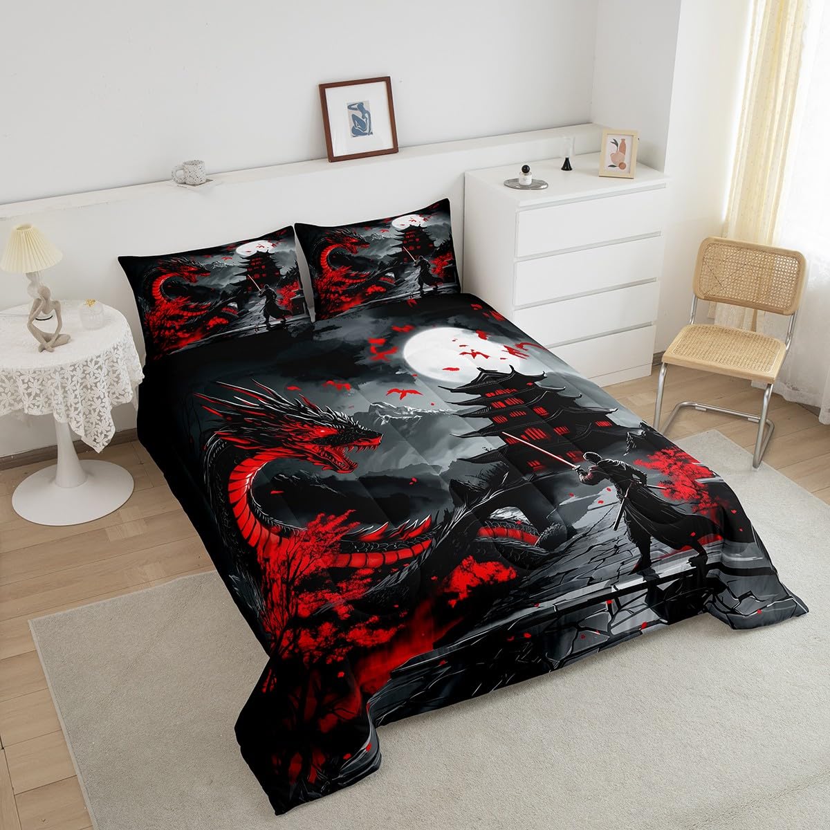 Erosebridal Dragon Bedding Set Queen Size, Japanese Style Comforter Set for Teens Youth Adult Men Room, Ancient Animal Quilt, Retro Wildlife Ukiyo-E Down Comforter, Black Grey Red