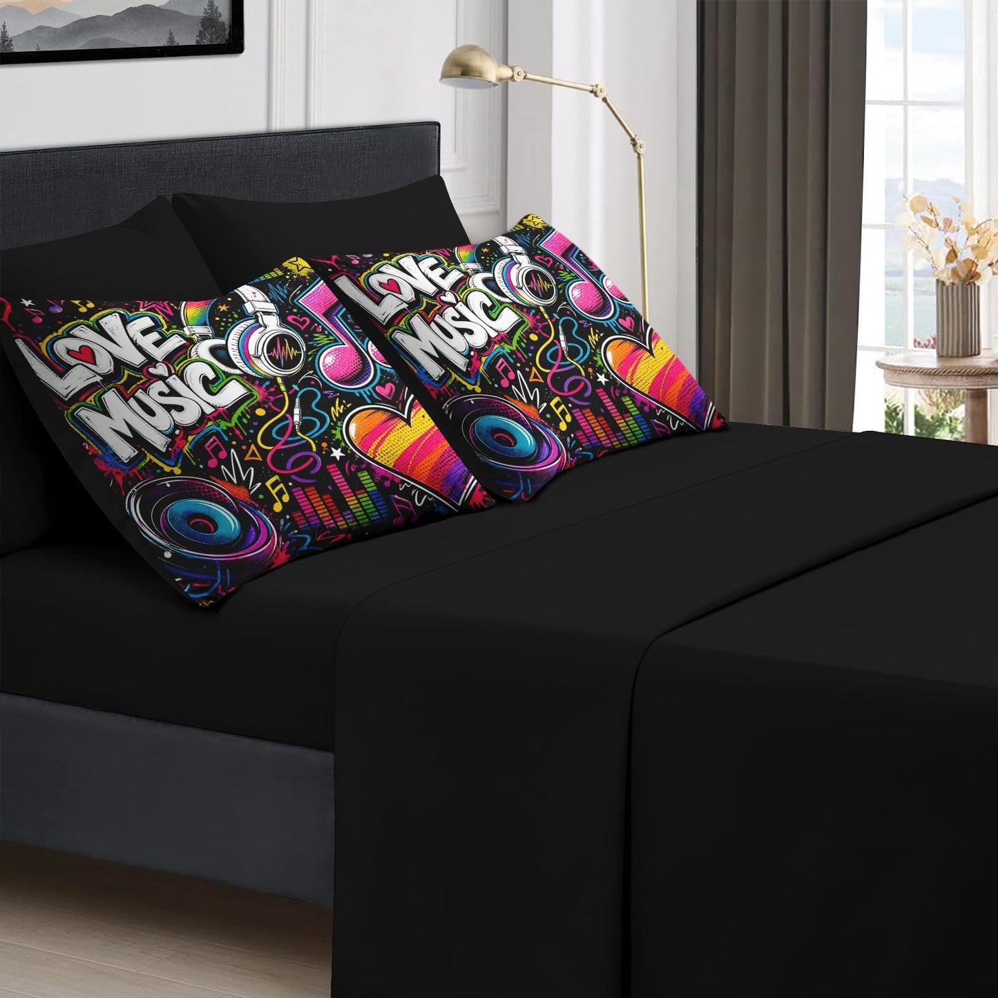 Boewywh Comforter Set Twin Size Music Graffiti Heart 5 Pcs, Bedding for Kids and Adults, Bed Sheet Sets with Fitted Sheet Pillowcase & Sham for Bedroom Bed Decor