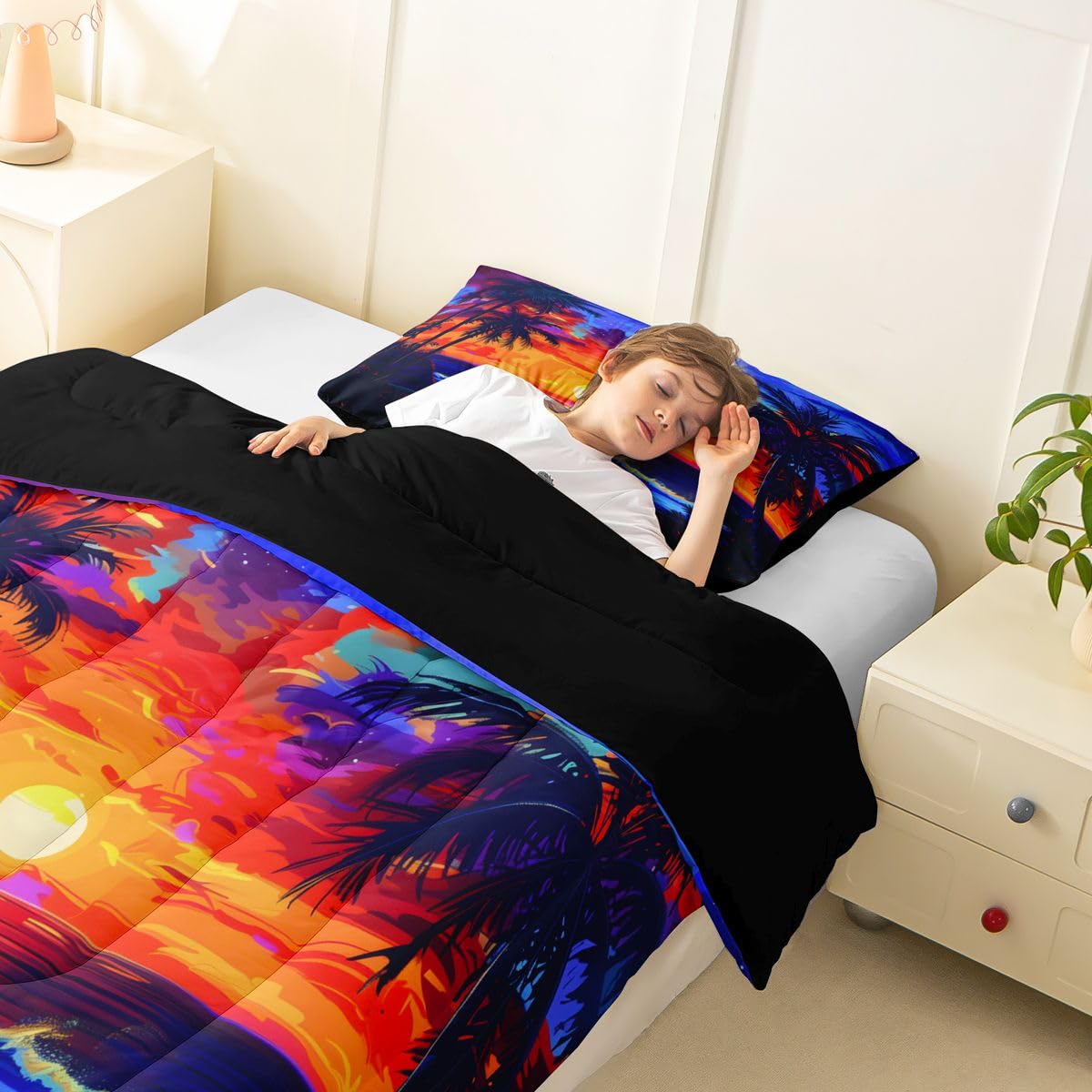 Erosebridal Ocean Beach Comforter Set for Girls Women - Watercolor Sea Sunset Scenery Toddler Bedding Sets Tropical Palm Tree Comforter Hawaiian Summer Marine Quilt Duvet 2 Pcs