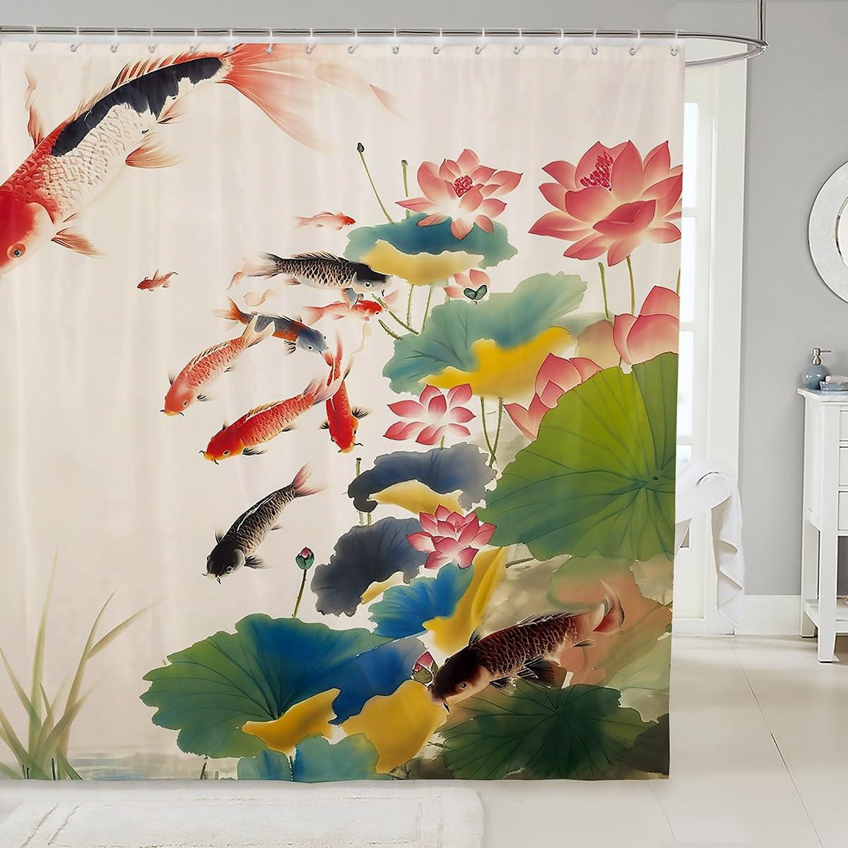 Feelyou Kids Chinese Ink Painting Shower Curtain 72"x72" Carps Koi Fishes Japanese Bath Curtain for Boys Girls Good Luck Fish Nature Bathroom Shower Curtain Set Kids Bathroom Accessories