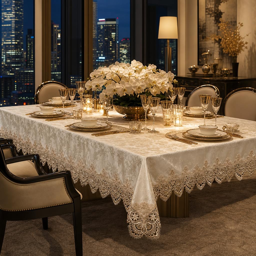ARTABLE Lace Table Cloth Rectangle Modern Decor Macrame Tablecloth Contemporary Damask Table Linen for Outdoor Farmhouse Rustic Kitchen Party Birthday Picnic (Light Brown, 60 x 140 Inch)