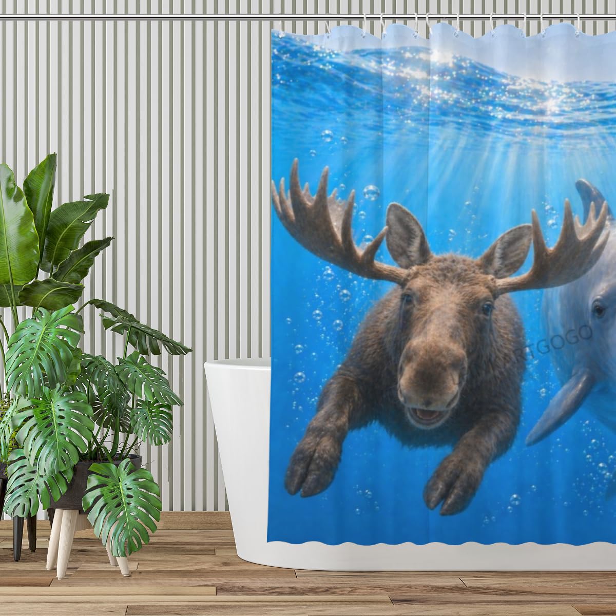 LFINKARTGOGO Ocean Moose Shower Curtain 72x72 with 12 Hooks Underwater Animal Dolphin Waterproof Washable Polyester Bath Curtain for Home Hotel Decor