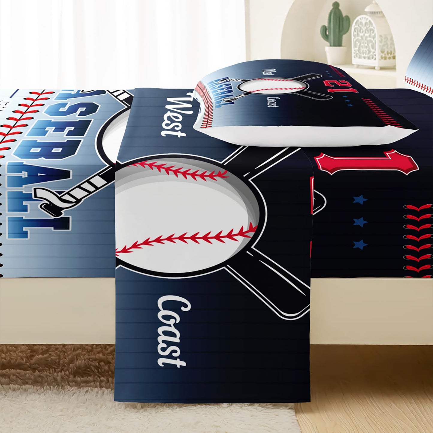 QOOMO Baseball Kids Bed Sheets Full Size,Ball Game Print Bedding Sheet Set,4Pcs Sports Deep Pocket Bed Sets with 1 Fitted Sheet 1 Flat Sheet 2 Pillowcases for Boys Girls Teens