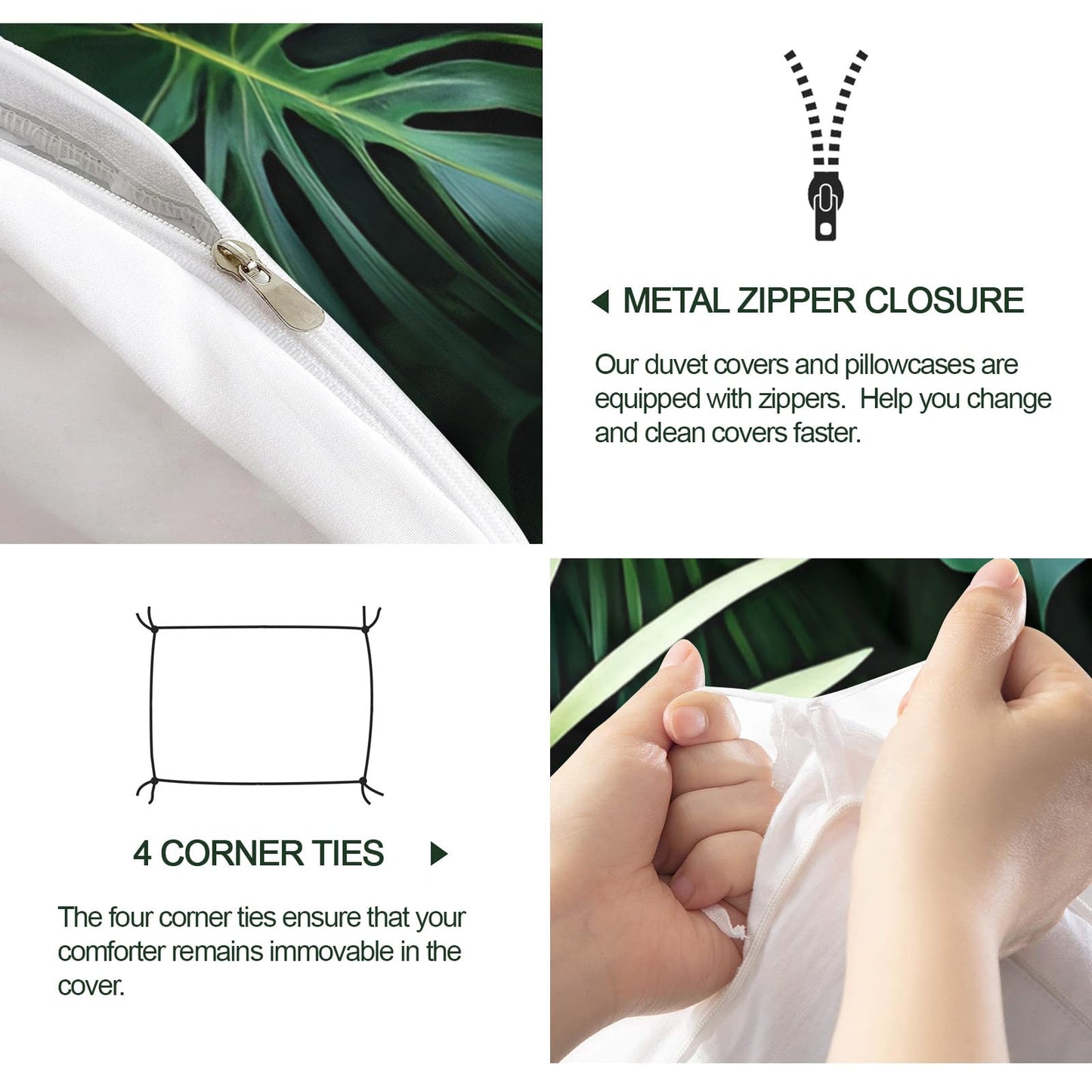 GKPLY Tropical Palm Leaves Comforters Queen Size, Jungle Monstera Bedding Duvet Cover, Exotic Greenery Artwork Duvet Cover with 2 Pillowcases, 3 Pieces, Reversible Dark Botanical Bedding with Zipper