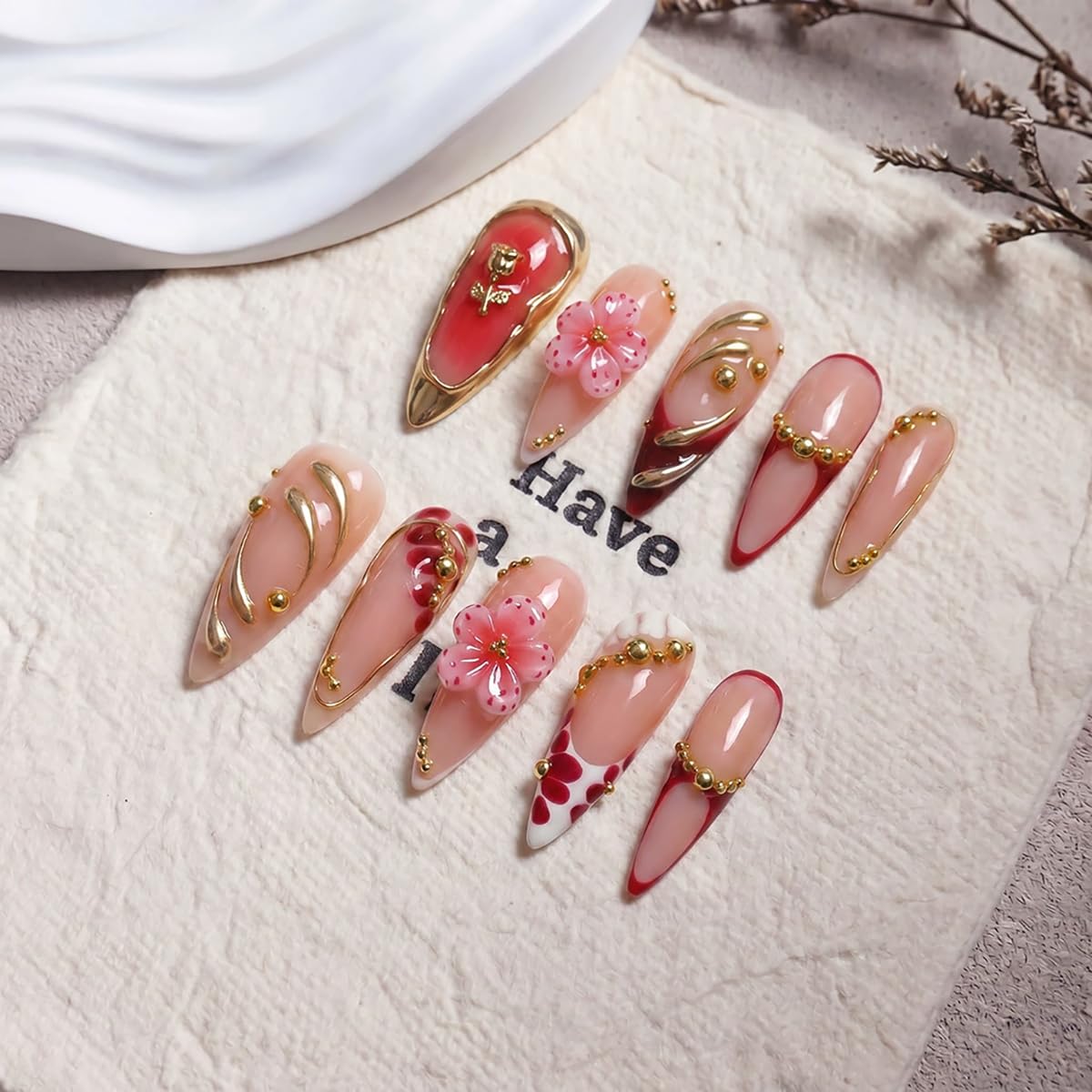 Long Stiletto Press on Nails Handmade False Nails Red French Tip Fake Nails with 3D Flower Gold Line Designs Sparkly luxury Artificial Nails for Women 10pcs (Size M）