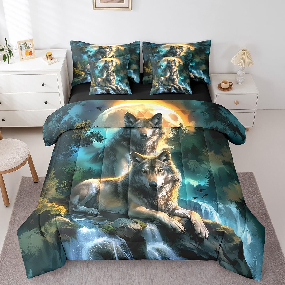 Feelyou Wolf 7 Pieces Bedding Set Queen Size Mountain Moon Wolves Comforter Set with Sheets for Kids Boys Girls Wild Animals Bed in a Bag Fantasy Wildlife Print Bed Set