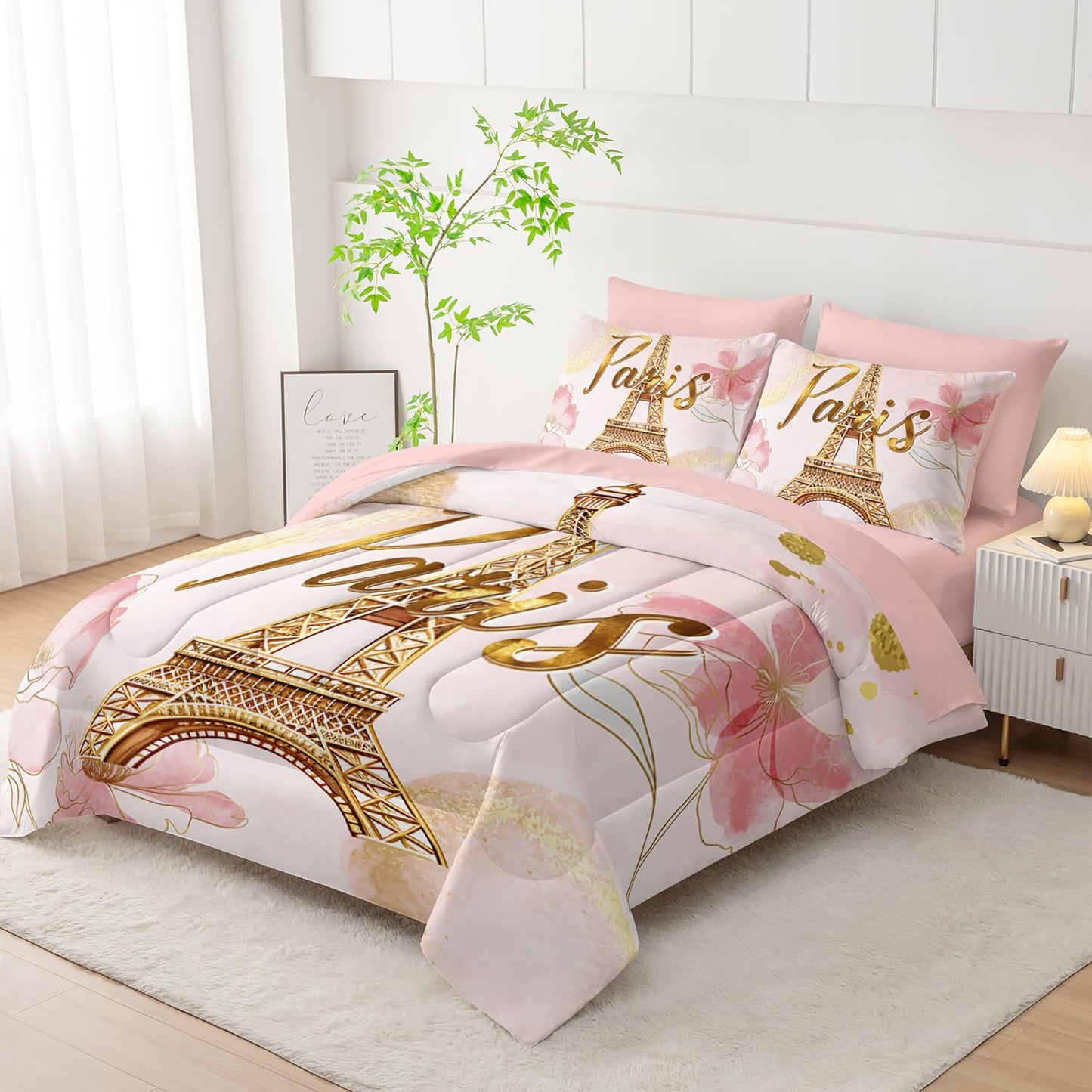 AILONEN Paris Eiffel Tower Comforter Set Full 7-Piece Tie Dye Flower Pink Bed in a Bag for Girls Women,Soft Comforter & Fitted Sheet with Flat Sheet,2 Pillowcases,2 Pillow Shams