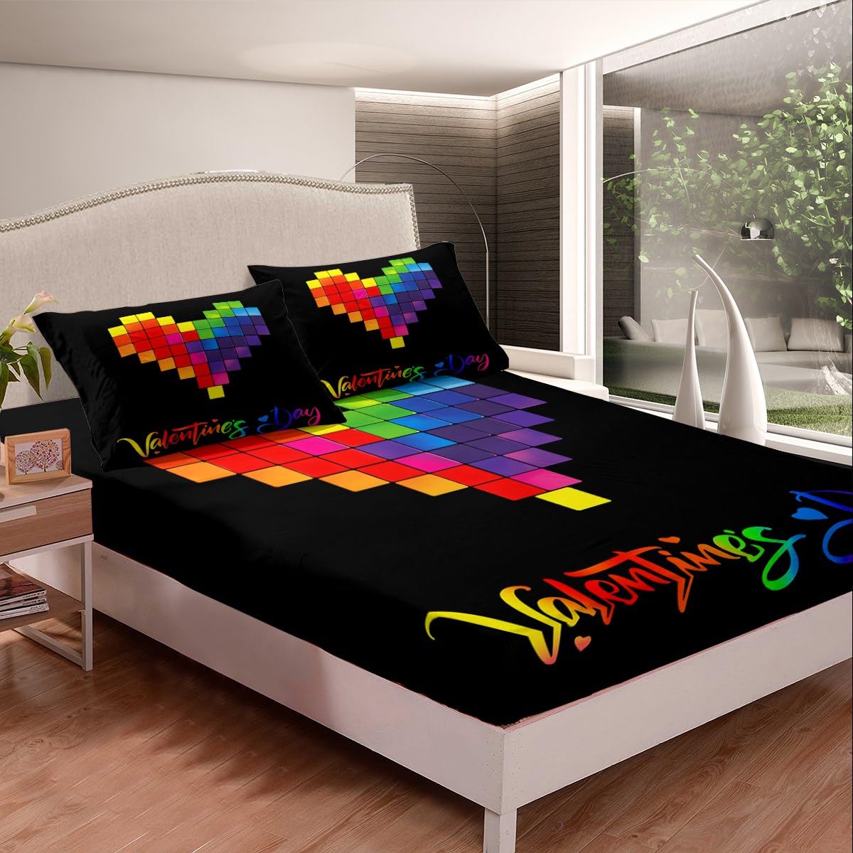 Feelyou Boys Girls Valentine's Day Bedding Set Full Size, Rainbow Bed Sheet Set Love Heart Fitted Sheet Kids Romantic Teens Bed Cover Bedroom Decor Lightweight Bed Set (No Flat Sheet)