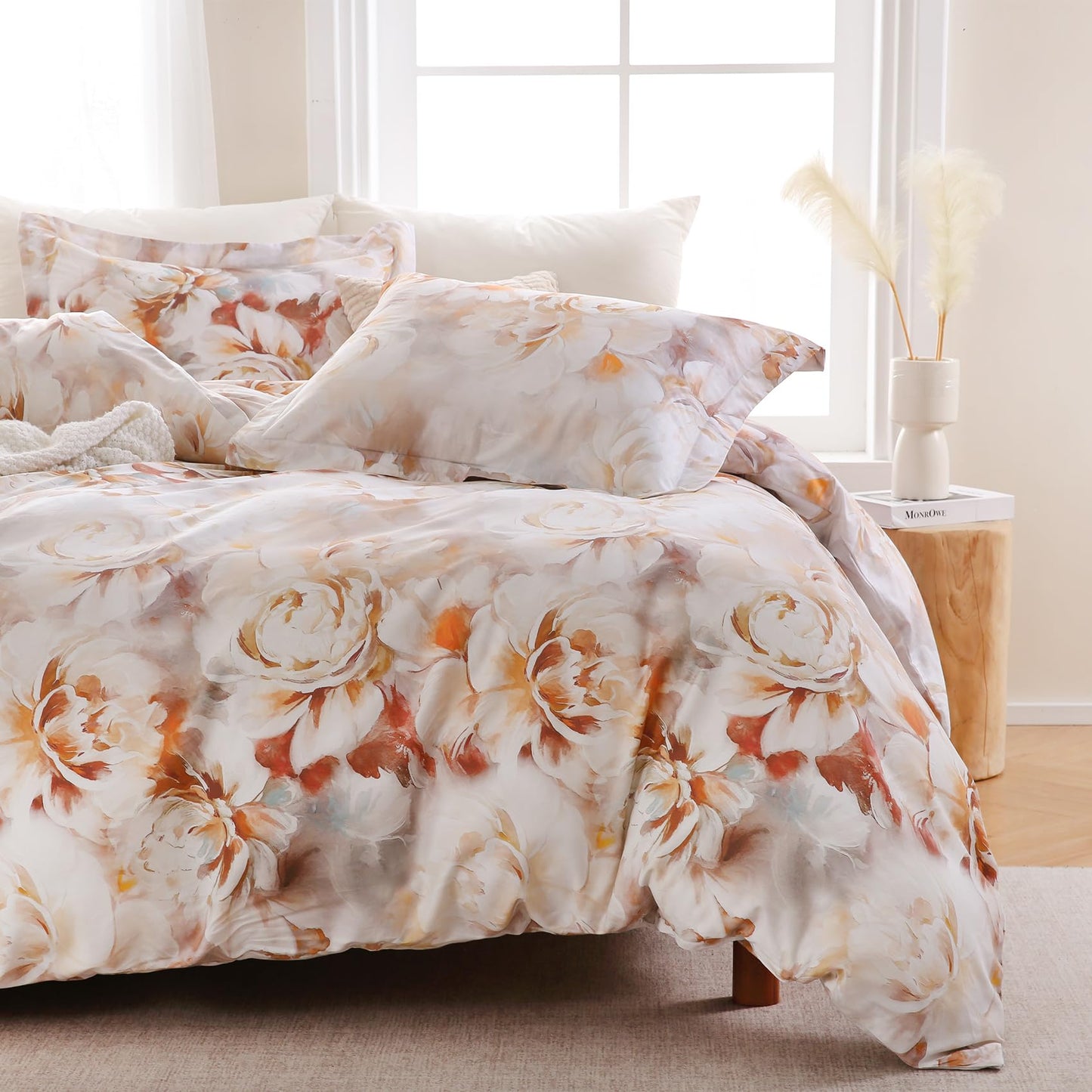 Ocharo 100% Cotton Duvet Cover King Size, Floral Reversible Duvet Cover Set with Zipper Closure, Soft 3 Pieces Bedding Set with 2 Pillow Shams(20"x36")