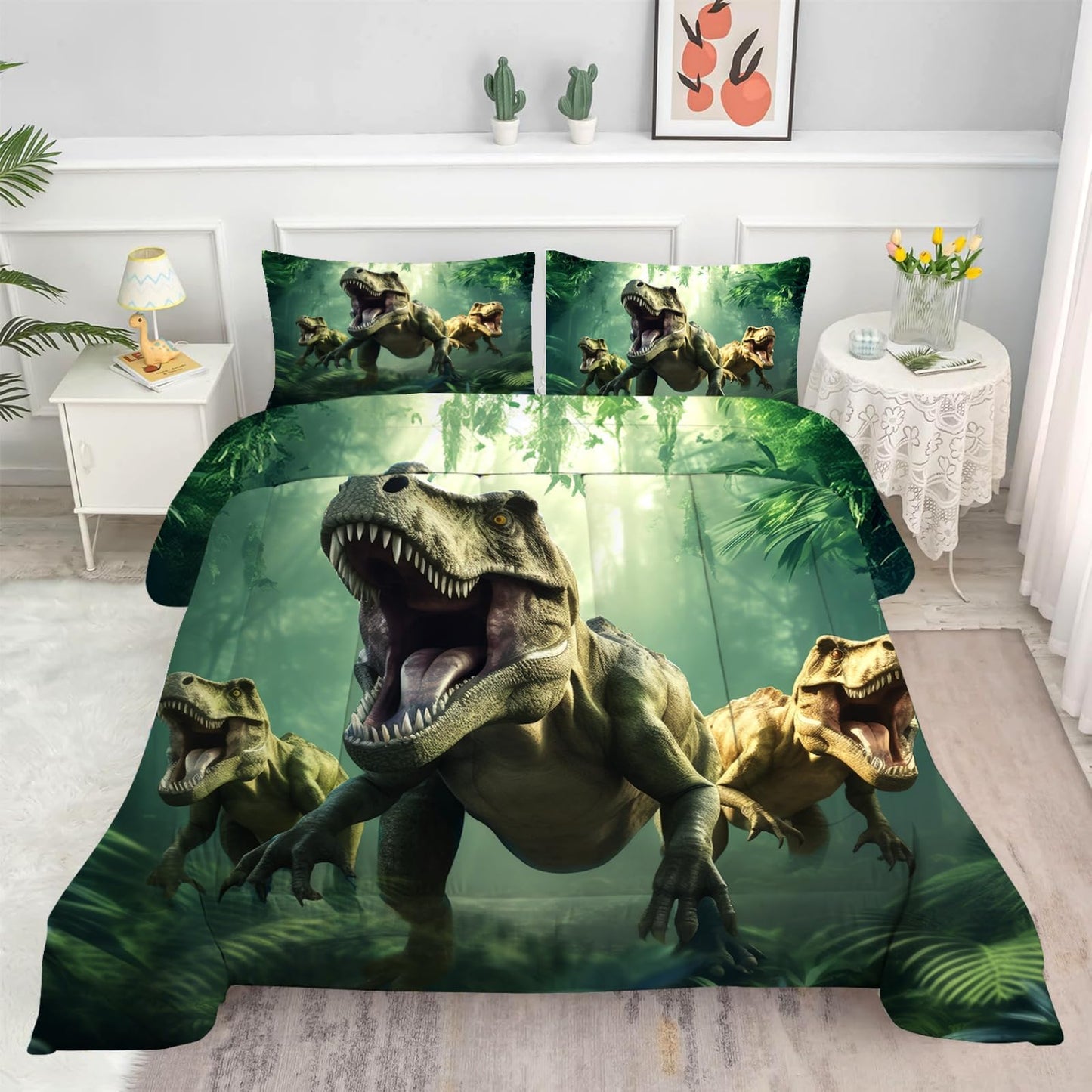VTKON Kids Dinosaur Comforter Set Full Size for Boys Green Dino Quilt Set Soft Microfiber Dino Bed Set for All Season Use Dinosaur Bedding Set with 1 Comforter + 2 Pillowcases