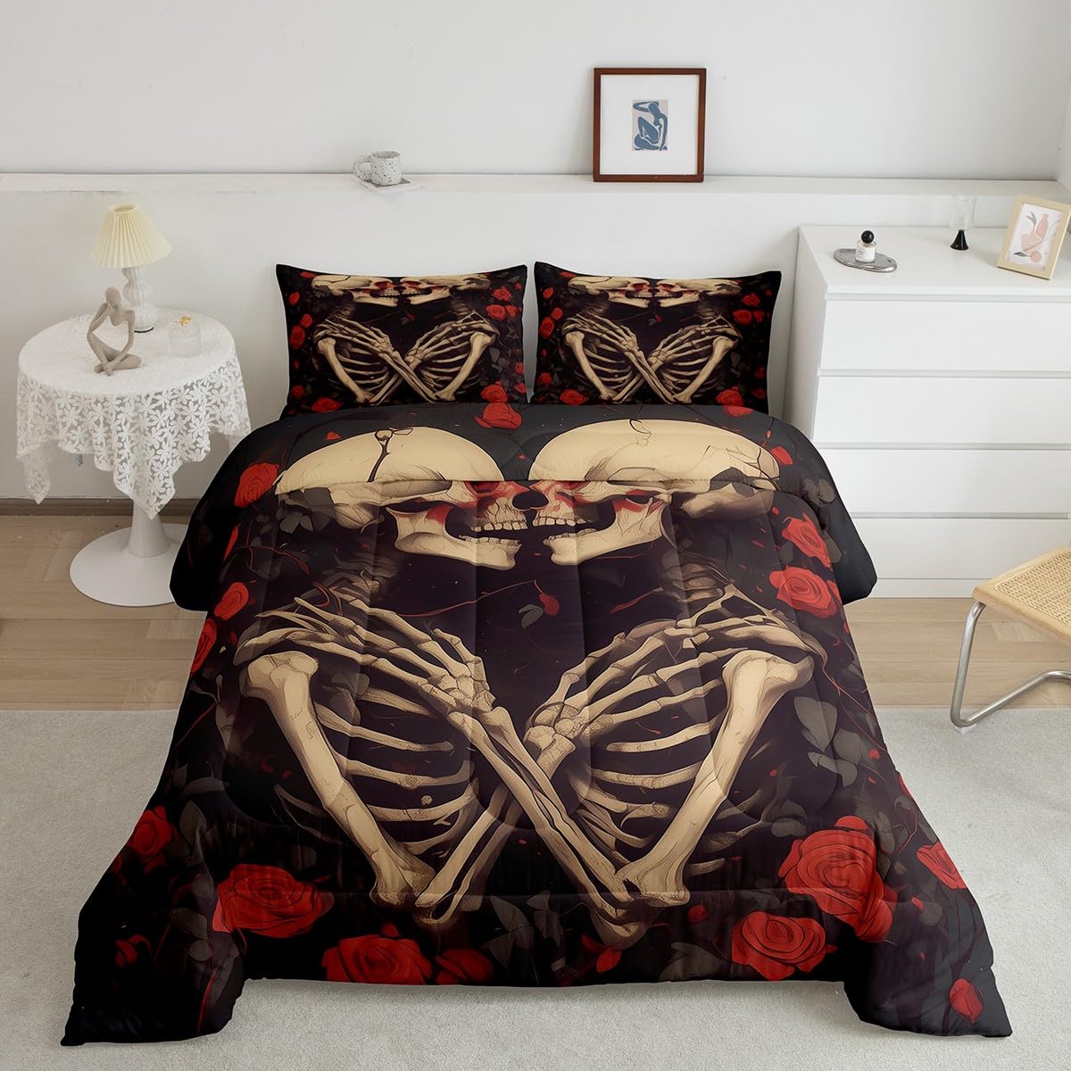 Erosebridal Sugar Skull Down Comforter Queen Size, Gothic Skeleton Bones Comforter Set, Halloween Horror Bedding Set, Rose Flower Quilt for Teens Youth Adult Women Men Room