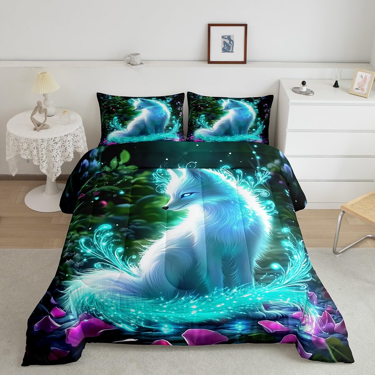 Feelyou Fox Comforter Set Twin Size Kids Cute Cartoon Fox Bedding Set for Boys Girls Teens Glitter Animal Comforter Breathable Woodland Fox Duvet Set Nature Wildlife Quilt Set