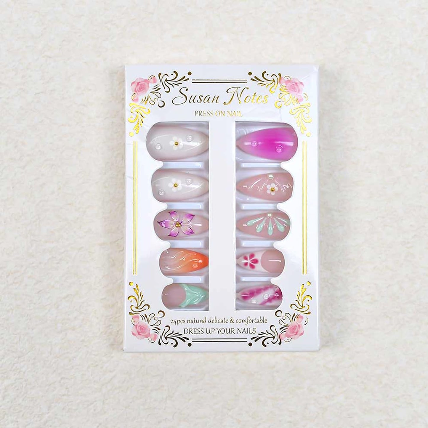 24Pcs Gradient Press on Nails Medium Almond Fake Nails with 3D Carved,Floral & Pearl Designs French Tip Cute Stick on Nails Pink False Nails Spring Summer DIY Nails for Women