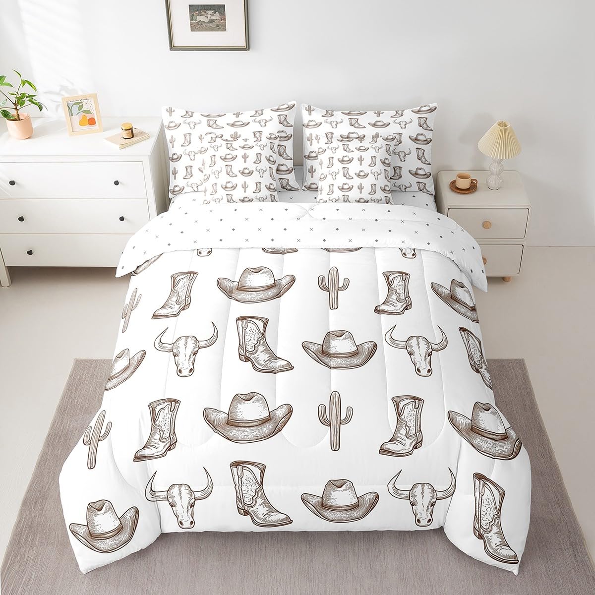 jejeloiu West Cowboy Comforter Set with Sheets Twin Size Kids Cow Skull Brown 7 Pieces Bedding Set for Boys Girls Teens Cactus Hat Boots Bed in a Bag Breathable Rodeo Cowboy Bed Set Room Decor