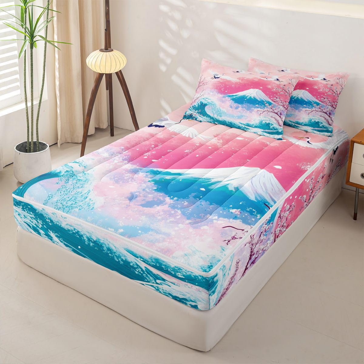 Erosebridal Pink Ocean Waves Zipper Bedding Twin Size, Japanese Style Kids Comforter Set - Japanese Cherry Blossom Fuji Mountain Zip Up Comforter Bed in A Bag