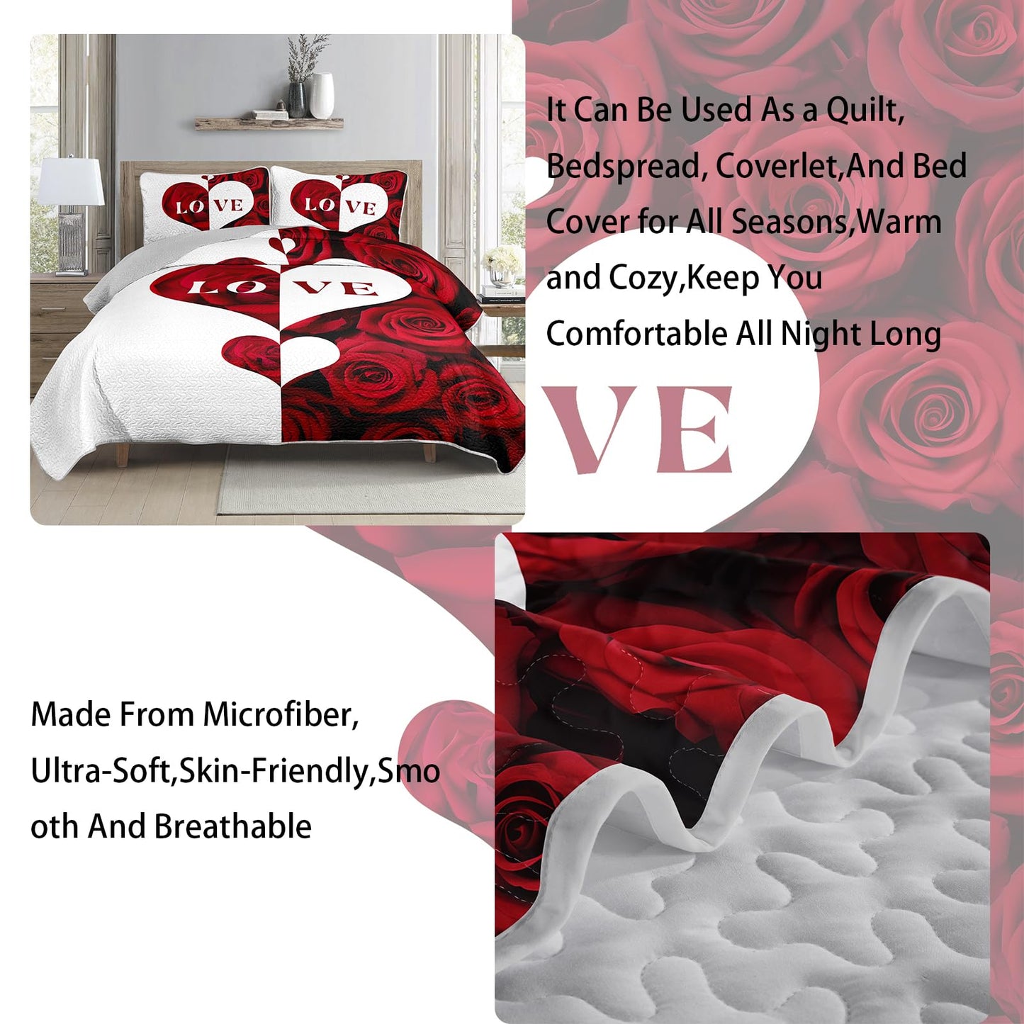 AILONEN Red Rose Bedding Quilt Set King Size - Red & White Flower Bedspread Coverlet Soft Lightweight - 3 Pieces Romantic Hearts Lover Quilt & 2 Pillowcases