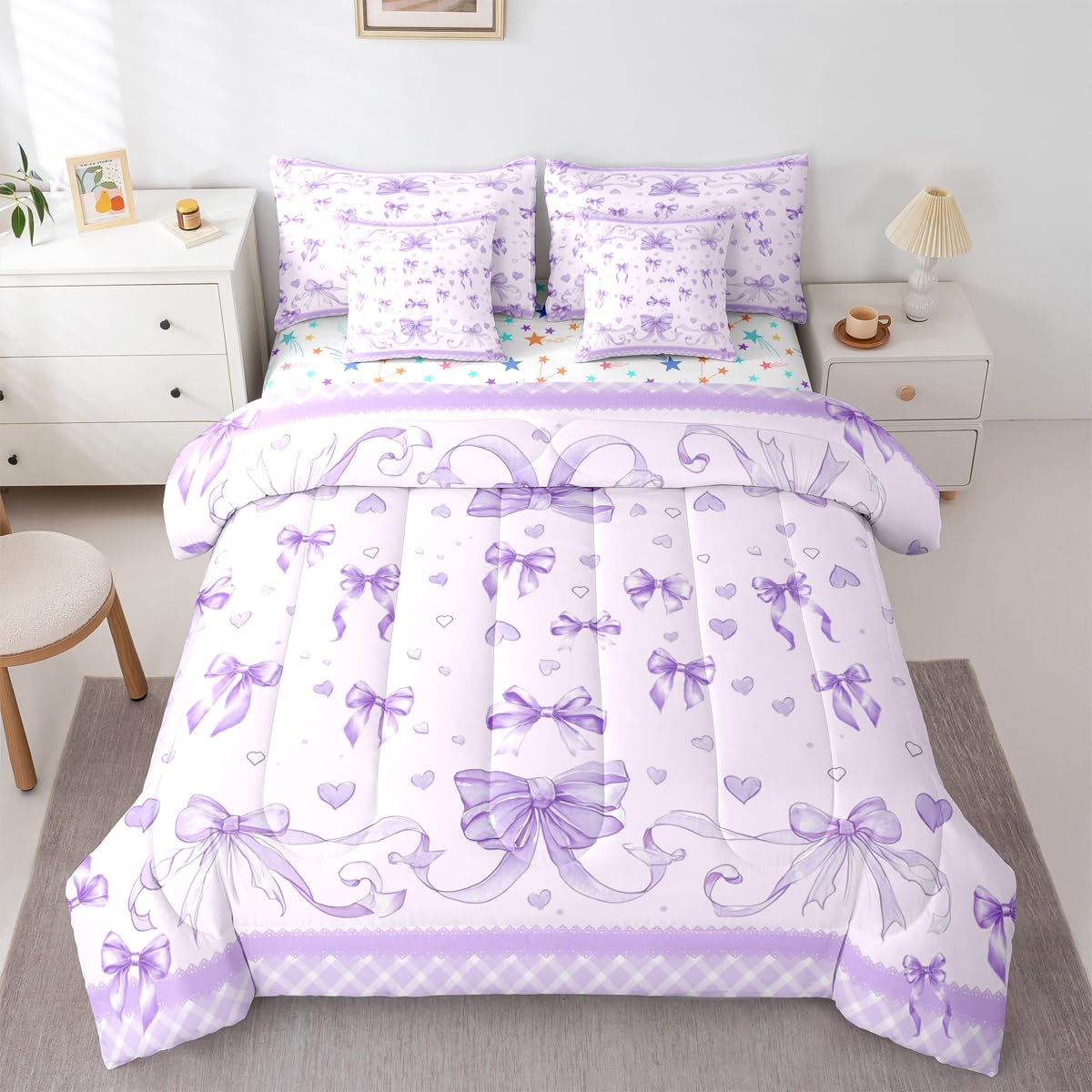 Feelyou Bowknot Comforter Set with Sheets 7 Piece Twin Size Dreamy Princess Bedding Set for Kids Boys Girls Cute Bow Bed in a Bag Love Hearts Room Decor Soft Lightweight Microfiber