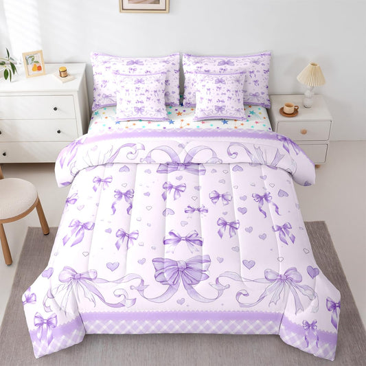 Feelyou Bowknot Comforter Set with Sheets 7 Piece Twin Size Dreamy Princess Bedding Set for Kids Boys Girls Cute Bow Bed in a Bag Love Hearts Room Decor Soft Lightweight Microfiber