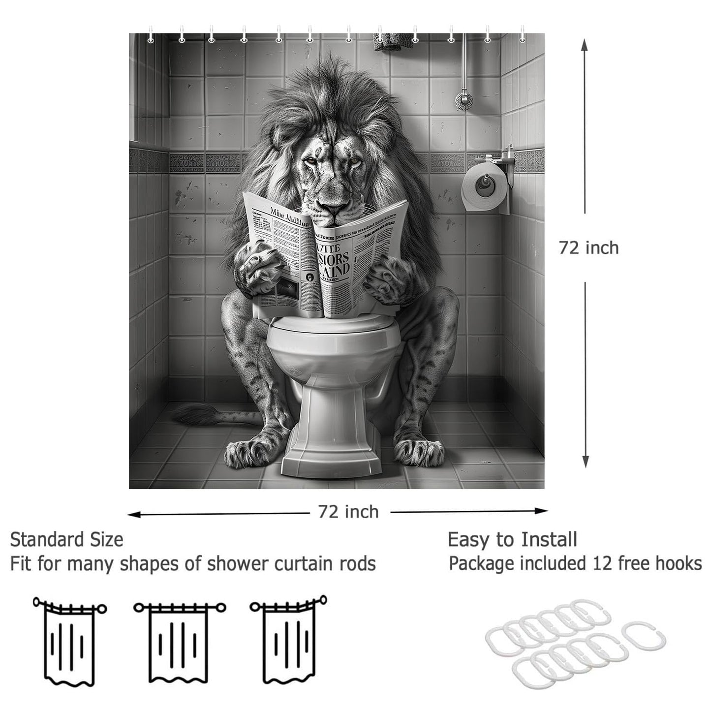 JAWO Funny Cool Lion Shower Curtain, Fun Leo Wild Masculine Animal Humor Leo Animal on Toilet Shower Curtains Set, African American Grey and White Mens Shower Curtains Bathroom with Hooks 72x72