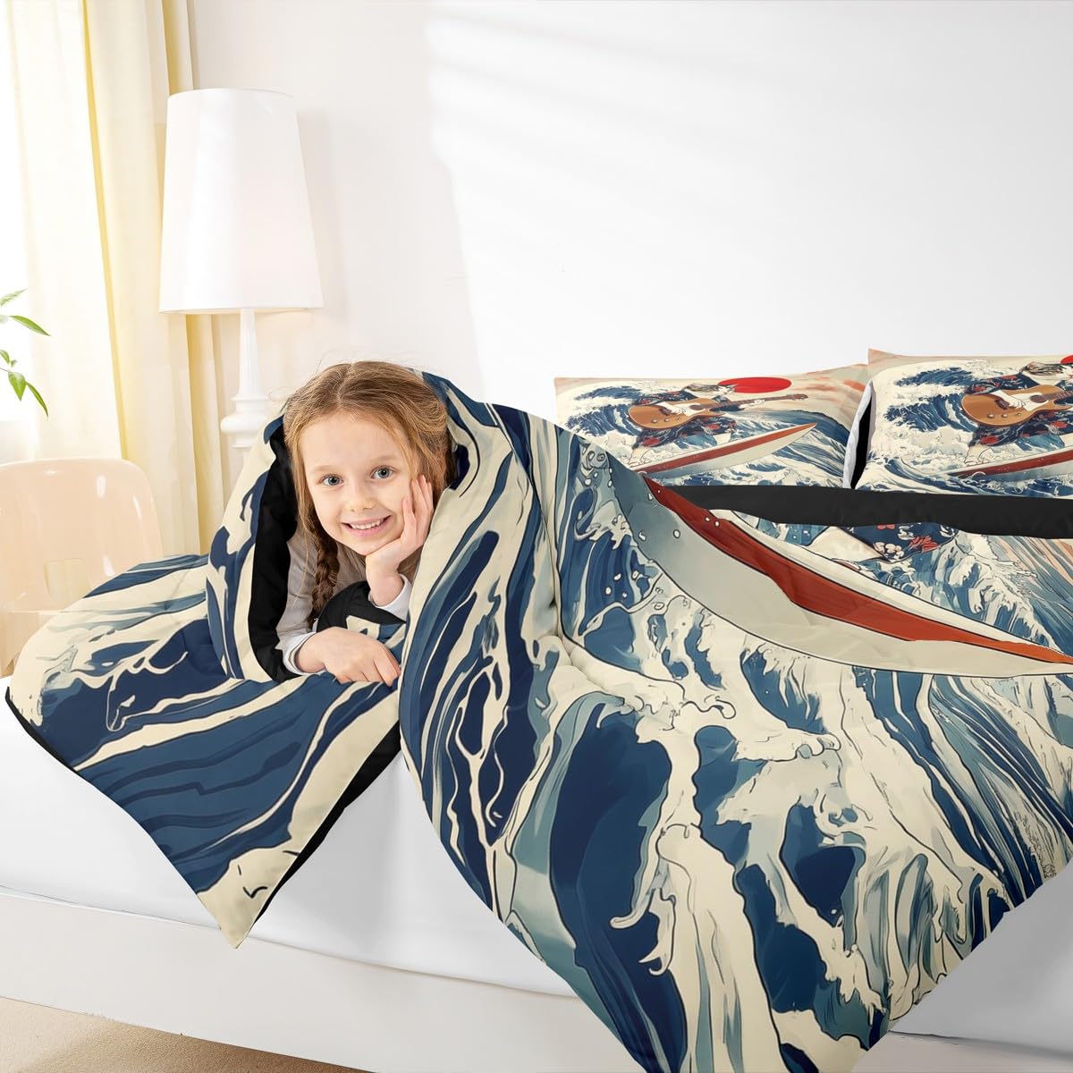 Erosebridal Japanese Cat Guitar Player Bedding Set Queen Rock Music Theme Comforter Set for Kids Boys Girls Nautical Surfing Down Comforter,Cute Animal Quilt Duvet