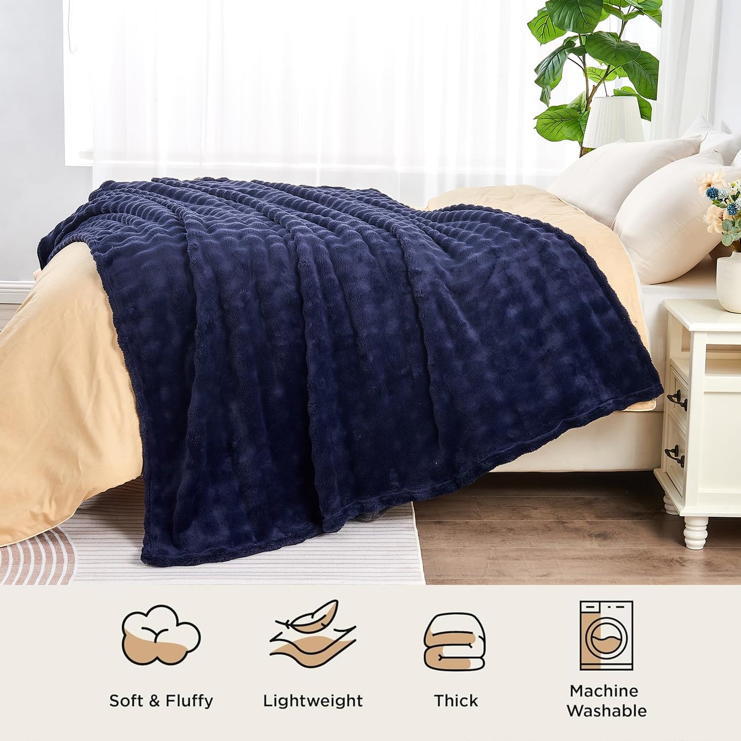 Wajade Soft Fleece Throw Blanket for Couch, 60x80 Inches 3D Bubble Decorative Cozy Fuzzy Flannel Blanket, Lightweight Warm Blanket for Bed Office, Dark Navy