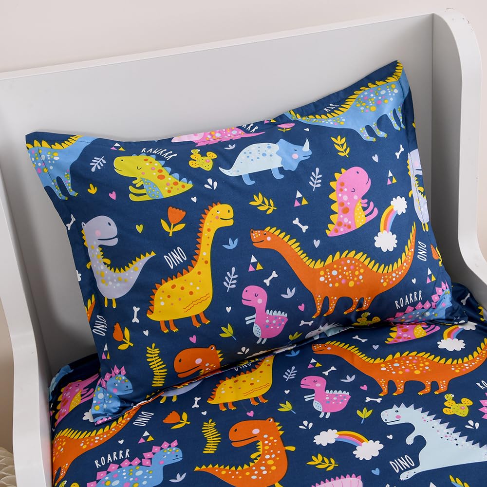 KWLOVER Soft Bed Fitted Sheet and Pillowcases Set,2PC Dinosaur Printed Bed Sheets for Kids Boys Twin Size Bed (Navy Blue Dino, Twin)