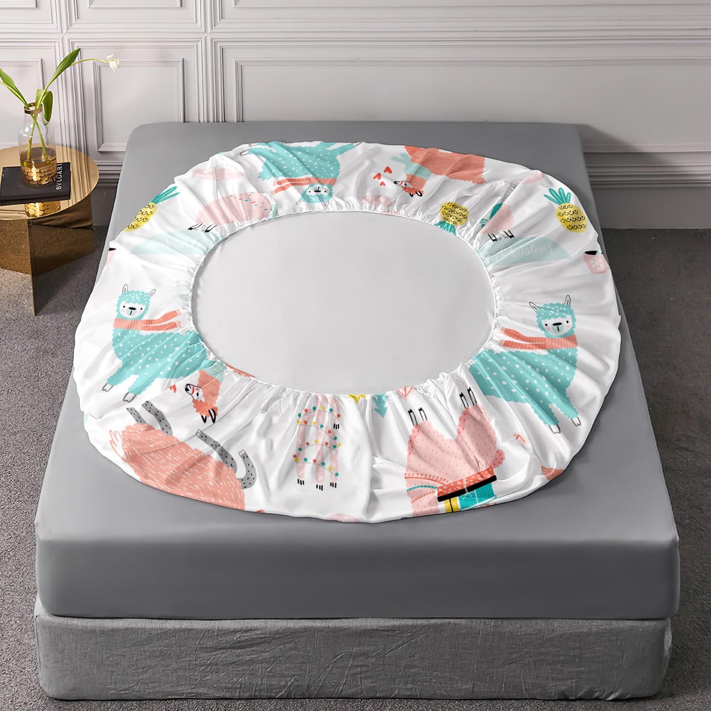 AILONEN Cute Llama Fitted Sheet Twin Size, Alpaca Cactus Print Bed Sheet Set,Cartoon Llama Alpaca Sheets Set,Lovely Tropical Animals Theme Bedsheet Set 3 Pieces,1 Fitted Sheet and 2 Pillowcases