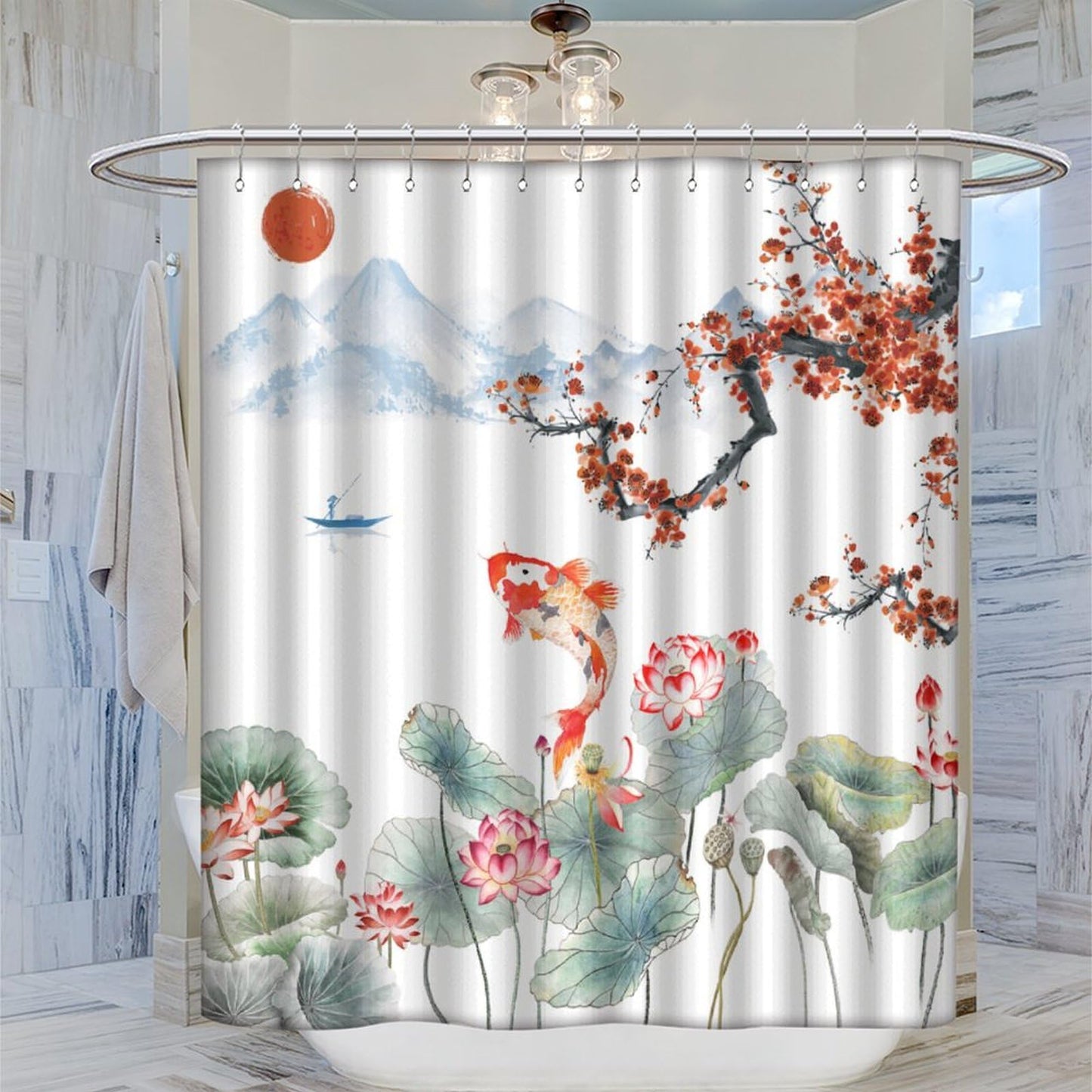 DDCBNS Japanese Koi Fish Shower Curtain,Spring Nature Landscape Cherry Blossoms Floral Print Shower Curtain for Bathroom Decor Asia Oriental Theme Fabric Waterproof Upholstery Hook 66x72inch