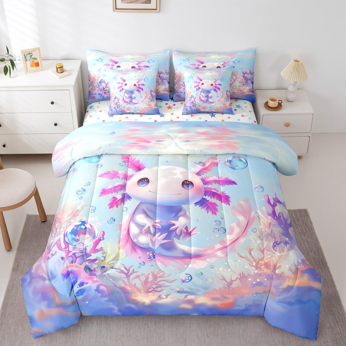 Erosebridal Queen Size Girls Cute Axolotl Bed in A Bag (7 Pieces) | Kids Sea Ocean Animal Comforter Set with Sheets Girly Cartoon Axolotl Bedding Set for Teens Kawaii Salamander Quilt Duvet Insert