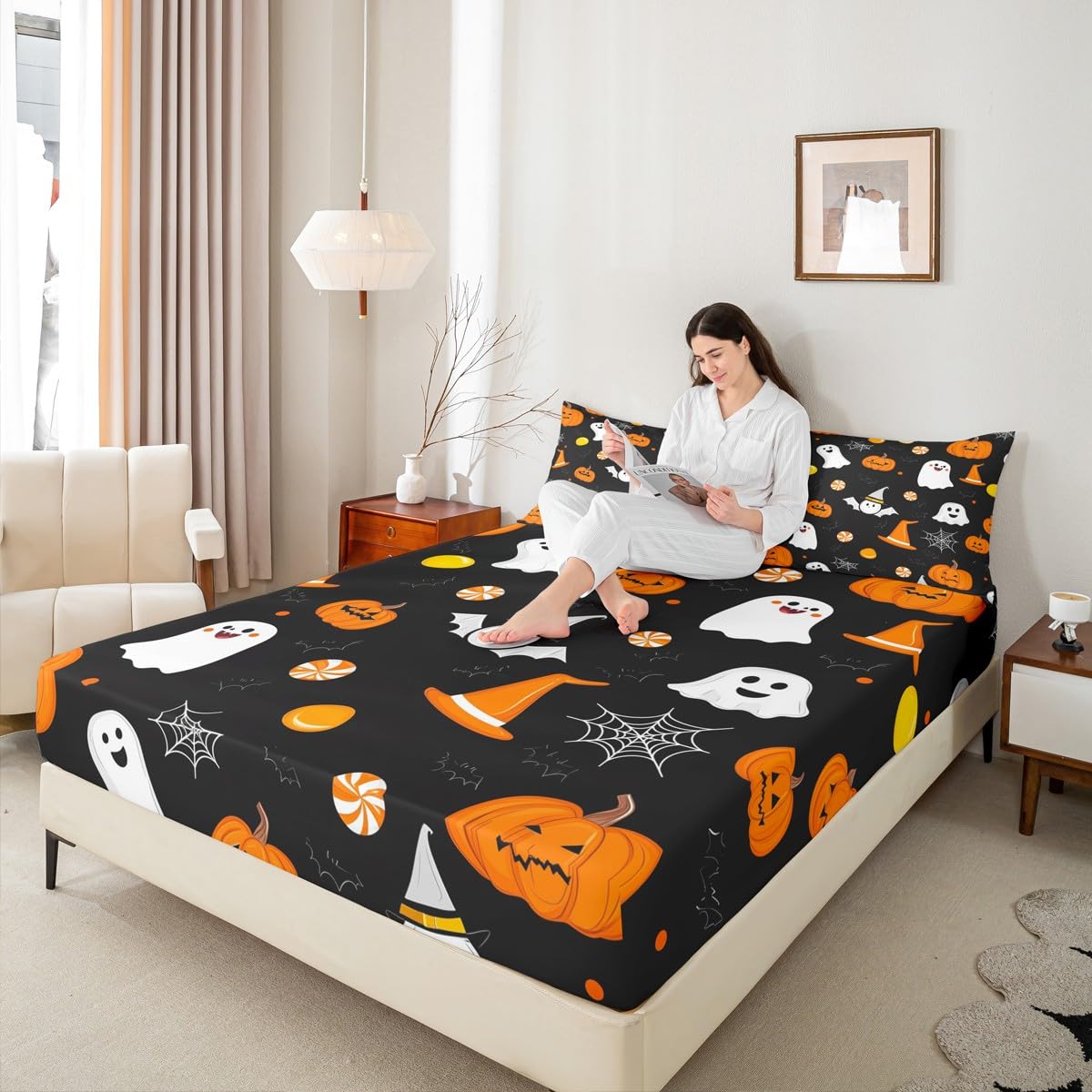 Feelyou Happy Halloween Bed Sheets Sets Twin Size Kids Boys Girls Cute Ghost Pumpkin Bedding Set Orange White Black Bed Sheet Set with 16-Inch Deep Pockets Cobweb 3Pcs with 1 Pillow Cases