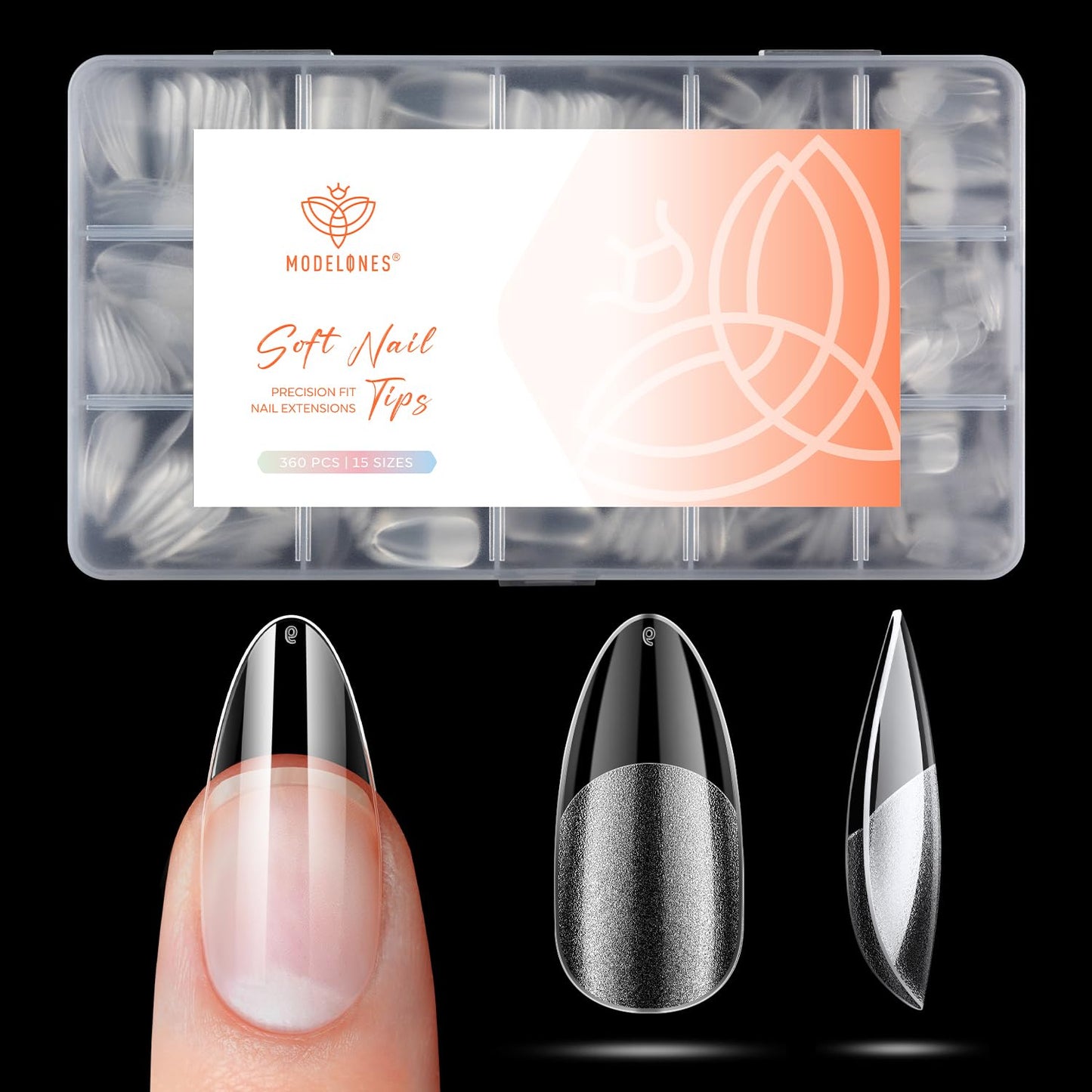 modelones Medium Almond Gel Nail Tips, 360pcs Pre-etched Clear Fake Nails Press On Full Cover Half Matte 15 Sizes Acrylic Gel Tips for Extension Salon