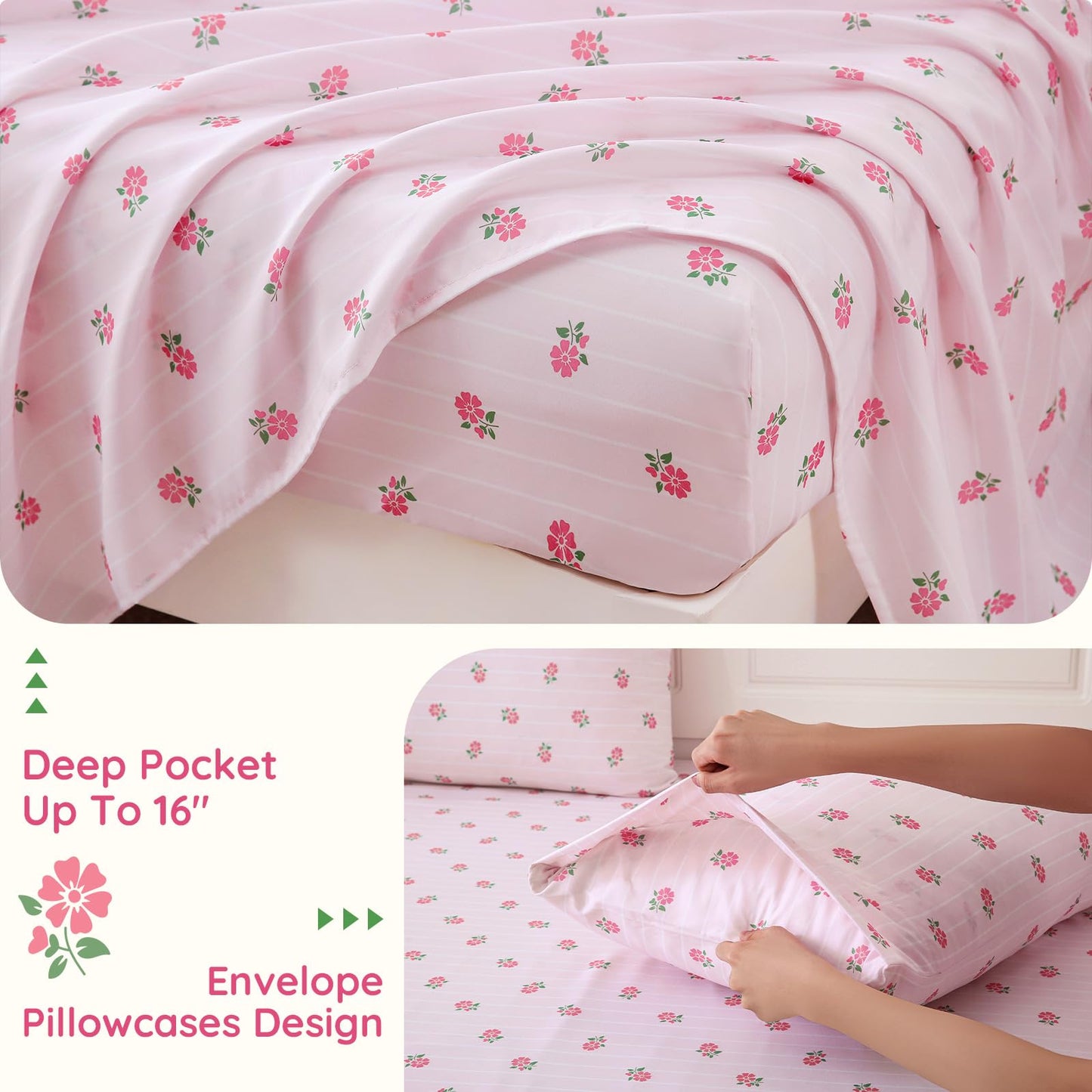 MCO Kids 3 Pieces Striped Twin Sheet Set for Girls, Breathable Bed Sheets with 16" Deep Pocket, Soft Brushed Microfiber Bedding Set (Twin, Pink Flower)