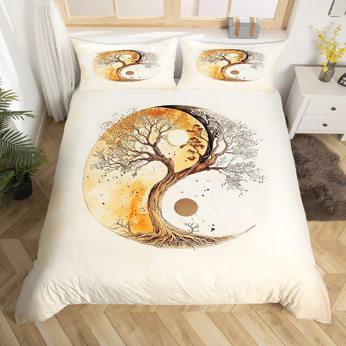 Yin Yang Tai Chi Bedding Sets Queen Size,Bohemian Tree Duvet Cover Set for Kids Boys Girls Teen Adult Room Decor,Oriental Comforter Cover Life Traditional Reversible Print Quilt Cover,2 Pillowcases
