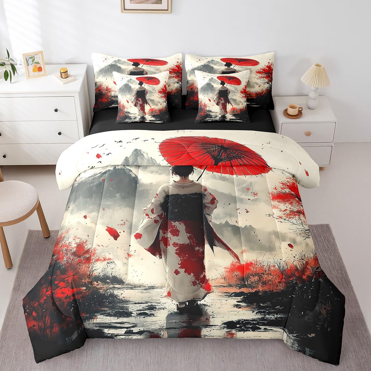 Erosebridal Aesthetic Japanese Comforter Set Twin,Japan Kimono Bedding Set 7Pcs for Girl Women Lady,Samurai Ukiyoe Quilt,Mount Fuji Bed in a Bag
