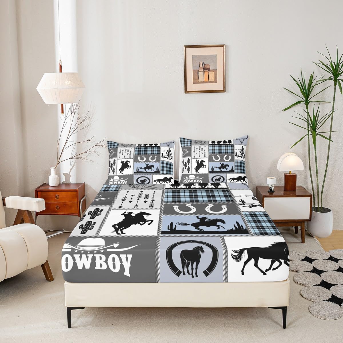 Western Cowboy Kids Fitted Sheet Full Size,Horseshoes Cactus Rustic Farmhouse Bedding Set,Boys Girls Adults Room Decor,Arrow Geometric Plaids Bed Cover,Blue Retro Bed Sheet,2 Pillowcases