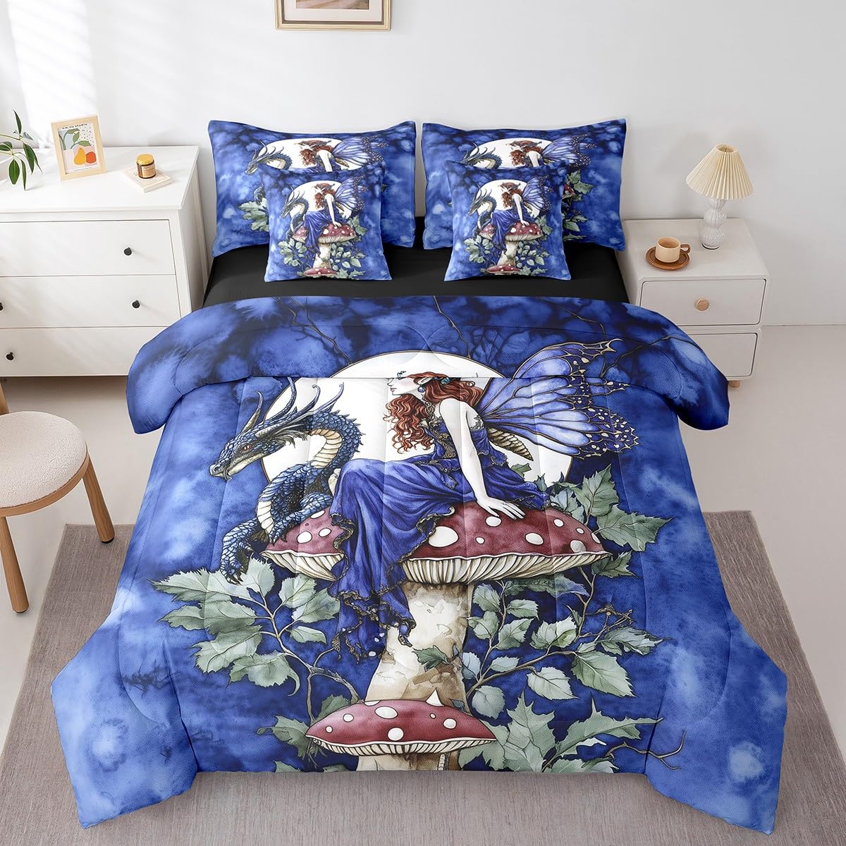 Homewish Queen Size 7 Pieces Bedding Sets Dragon Mushroom Comforter Set Butterfly Fairy Bed Sheet Blue Reversible Printed Quilt Set + Flat Sheet + Fitted Sheet + 2 Pillowcase + 2 Throw Pillow Covers