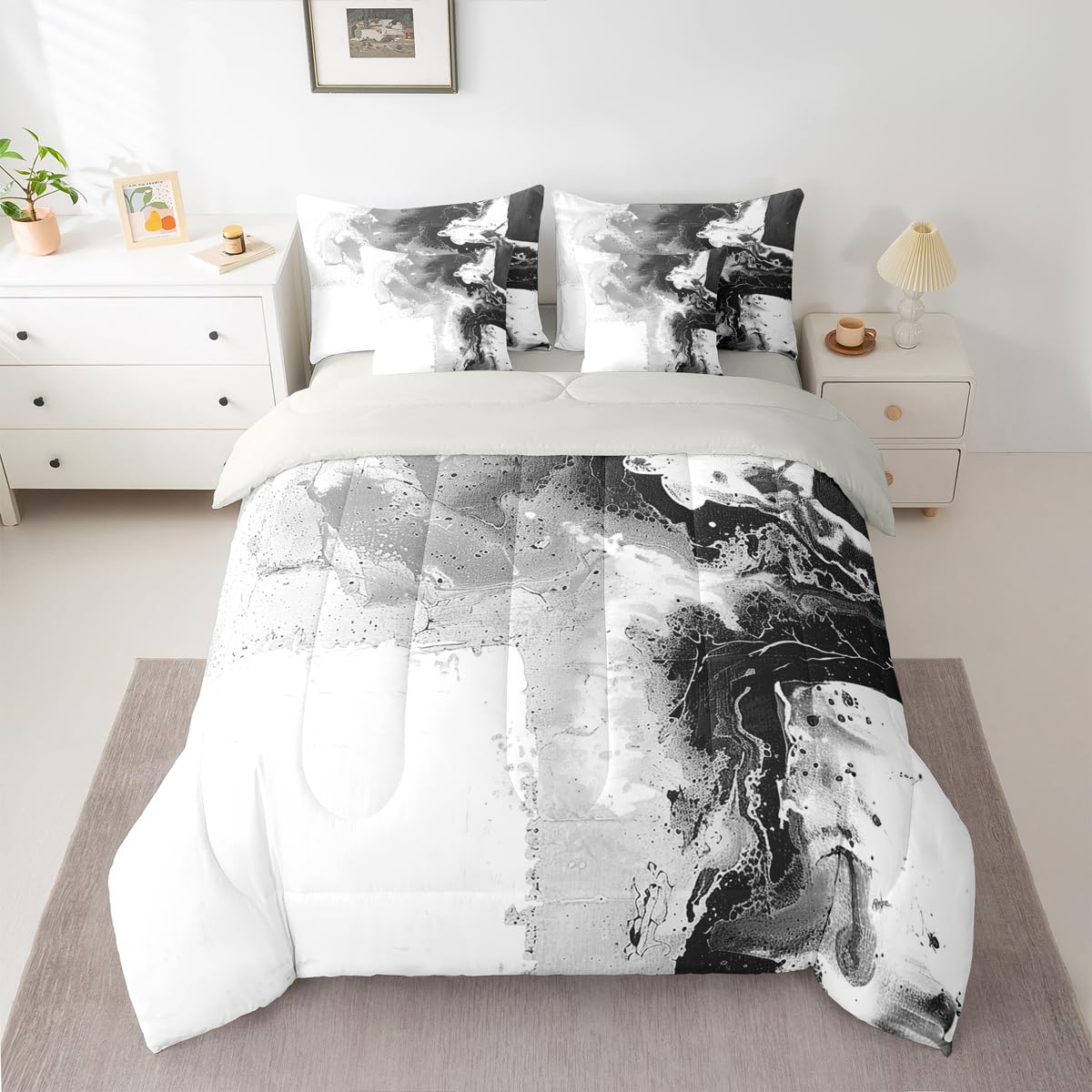 Feelyou Abstract King Comforter Set with Sheets for Kids Boys Girls Modern Abstract Art 7 Pieces Bedding Set Luxury Bed in a Bag Geometric Room Decor White Gray Soft Lightweight Microfiber