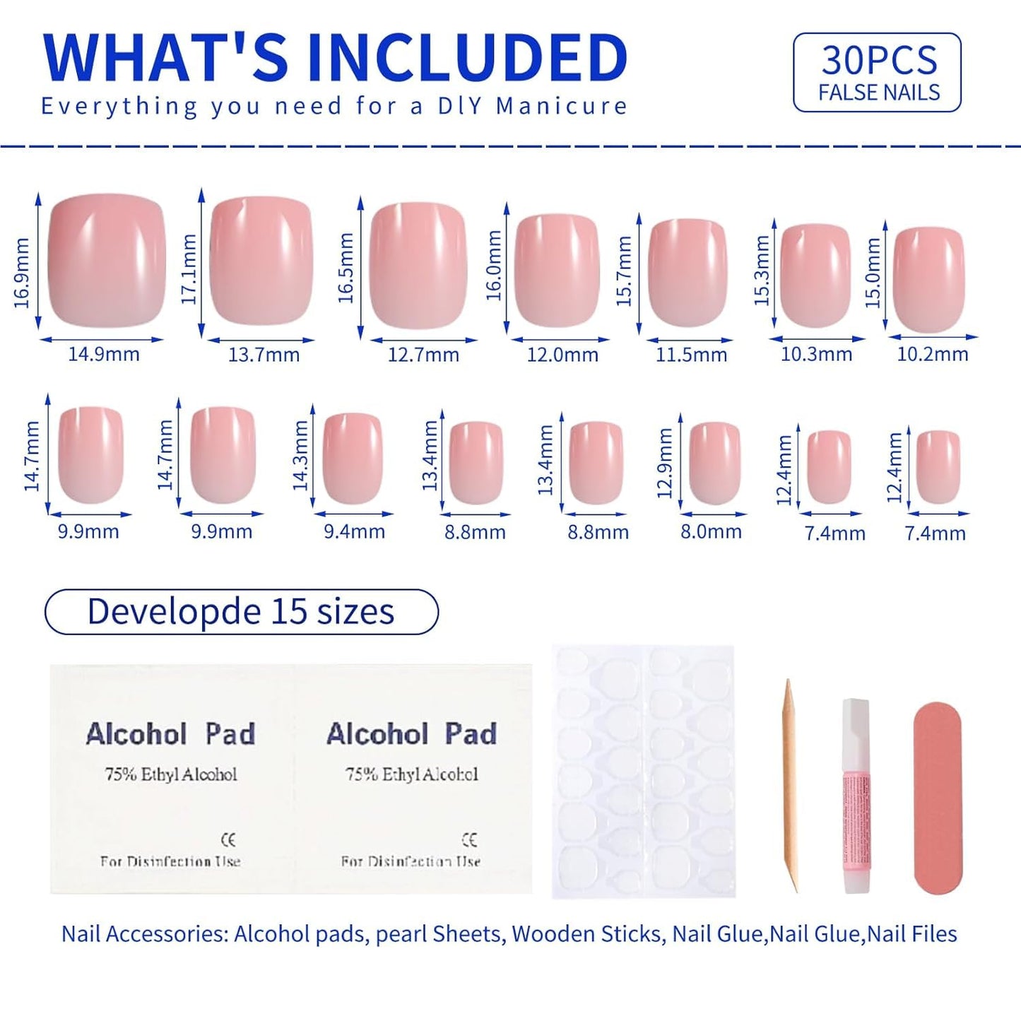 Mivota Square Short Press On Nails Pink – 30PCS Glossy Nude Pink Acrylic Fake Nails with Glue, 15 Sizes Reusable Stick On Nails Kit with Tools for Women, Natural Look DIY Manicure Set