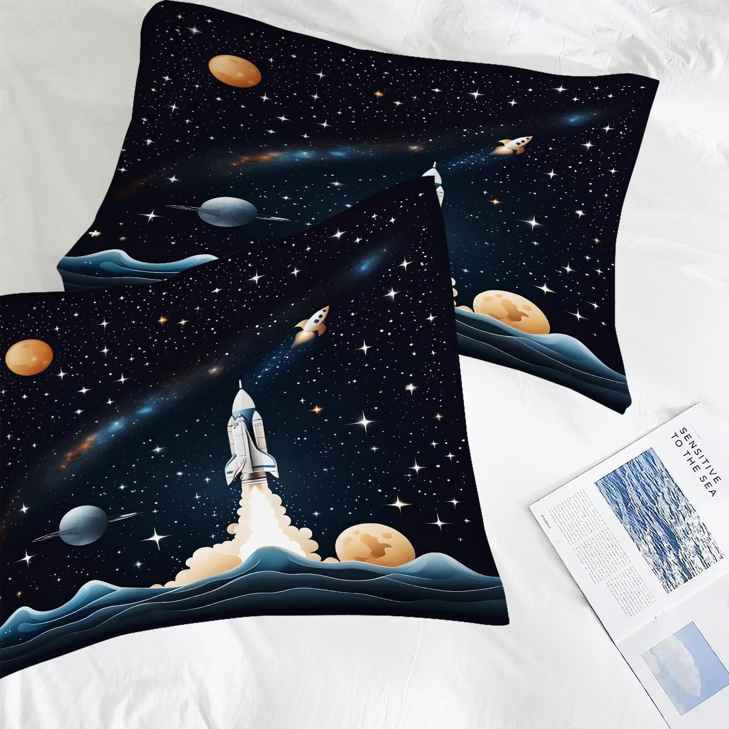 DJNEAR Space Comforter Set Full Size Blue Galaxy Bedding Sets for Kids Boys Girls Teens Adults Bedroom Starry Planet Rocket Quilt 1 Comforter 2 Pillowcases