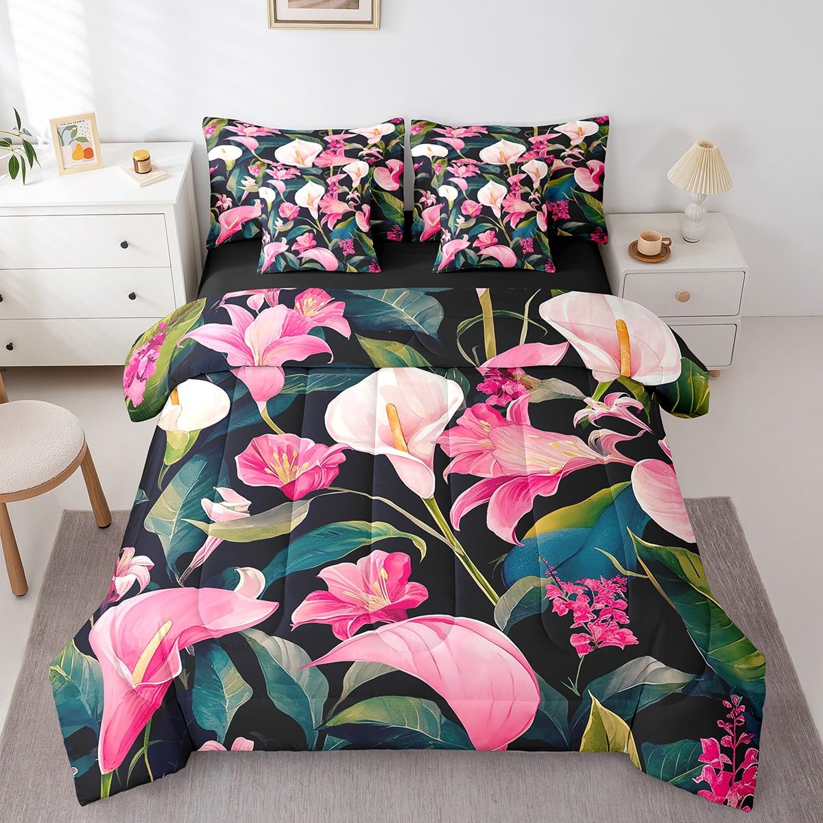 Feelyou Flower Comforter Set King Size 7 Pieces Palm Leaf Bedding Set for All Season Floral Blossom Tropical Botanical Nature Theme Bed in a Bag with Comforter, Sheets, Pillowcases & Cushion Cover