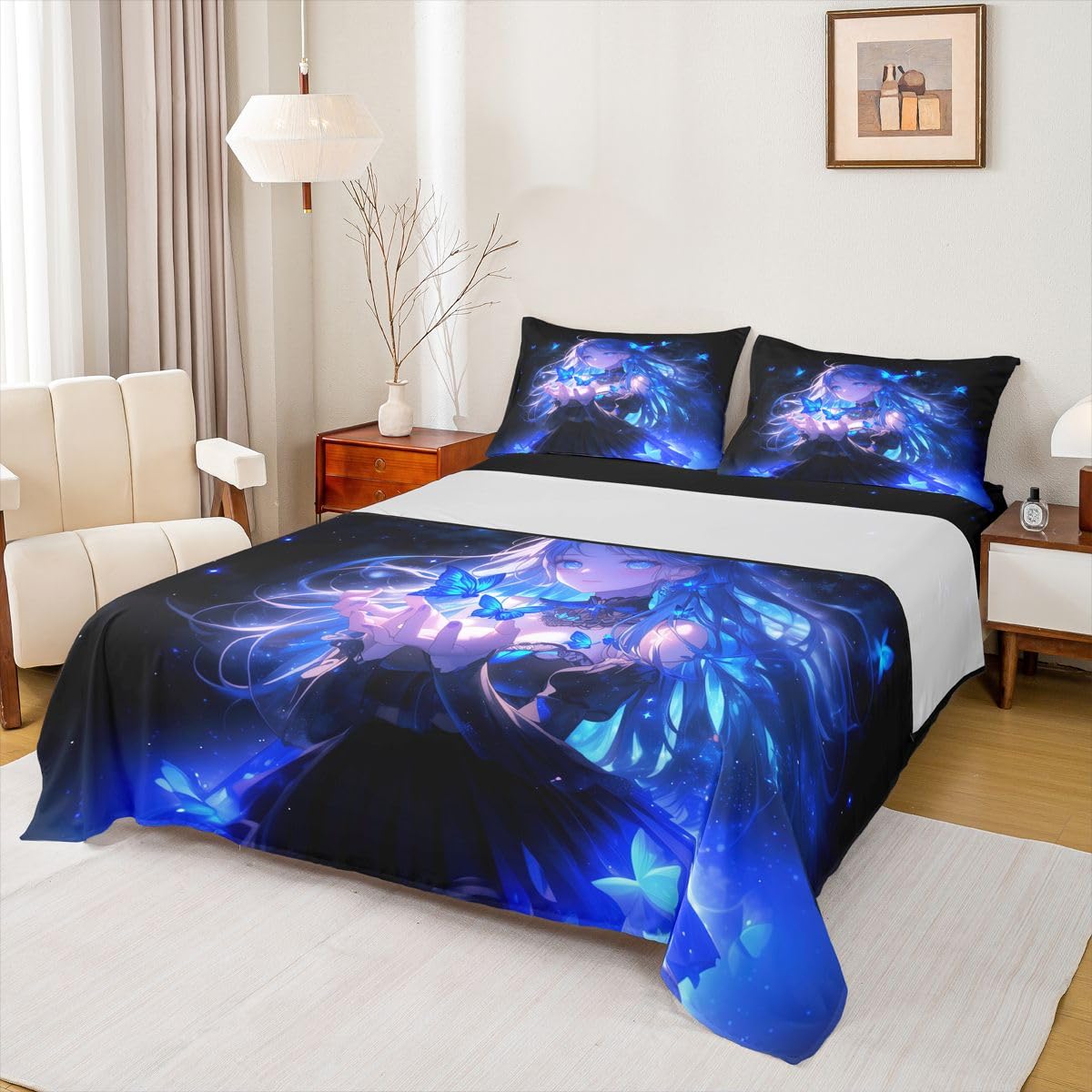 Erosebridal 3D Japanese Girl Bed Sheets Set Blue Butterfly Decorations Sheets Full,Cartoon Sheet Set for Boys Girls Anime Gifts for Her Bedding Sets Bedroom Decor 4 Pieces