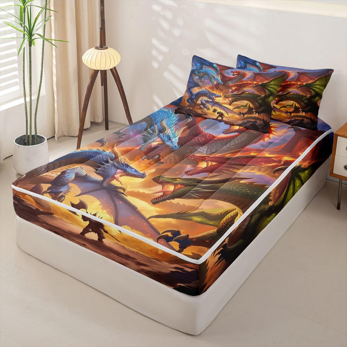 jejeloiu Dragon Zipper Bedding for Kids Twin Size Mysterious Animal Bed in a Bag with Sheets, Comforter, Pillowcases Ancient Wild Animal Comforter Set for Boys Girls Flying Dragon Beddingh Sets