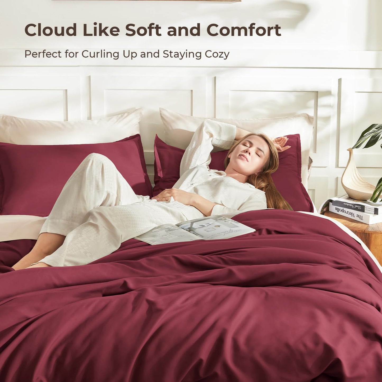 Litanika Burgundy Red Comforter Set King Size, 3 Pieces Lightweight Solid Bedding Comforter Set, All Season Fluffy Bed Set (104x90In Comforter & 2 Pillowcases)