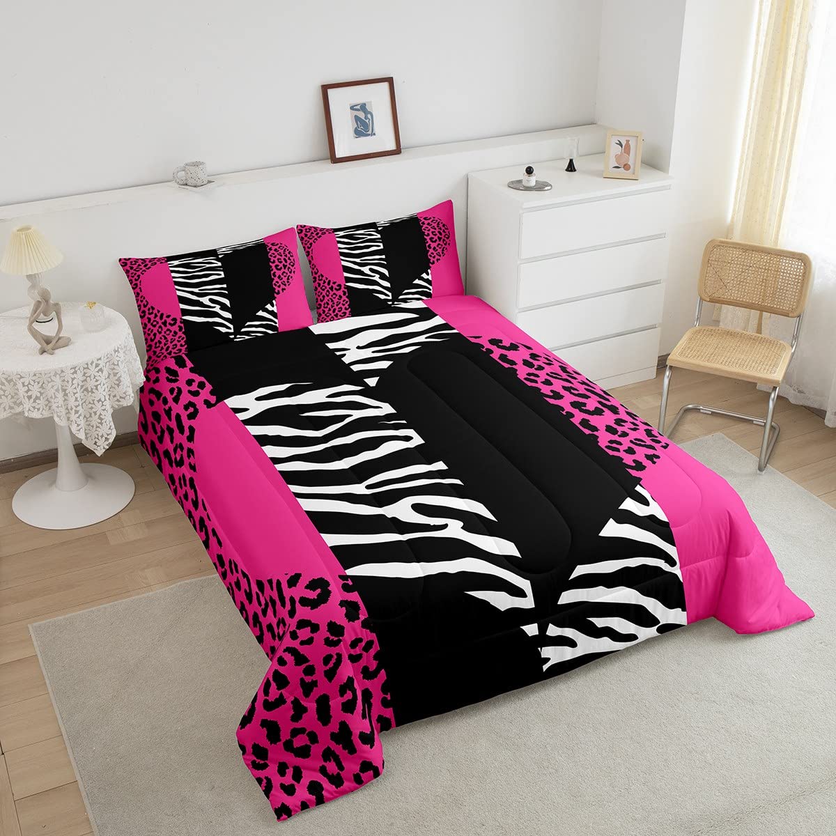 Pink Leopard Comforter Set Twin Size Girls Cute Zebra Heart Bedding Set 2pcs Geometric Patchwork Stripes Quilted Duvet for Women Teens Room Decor Romantic Wild Animals Fur Bedspread,1 Pillowcase