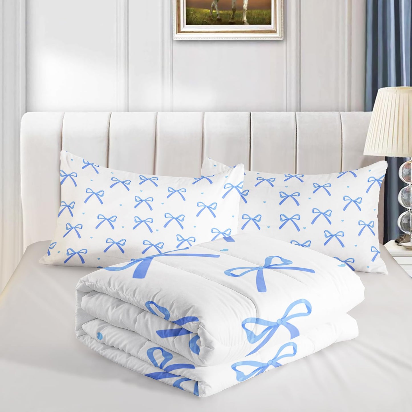 QOOMO 3Pcs Bow Comforter Set Twin,Bowknot Bedding Set for Teens Boys Girls,1 Comforter with 2 Pillowcases,Down Alternative,Soft and Lightweight
