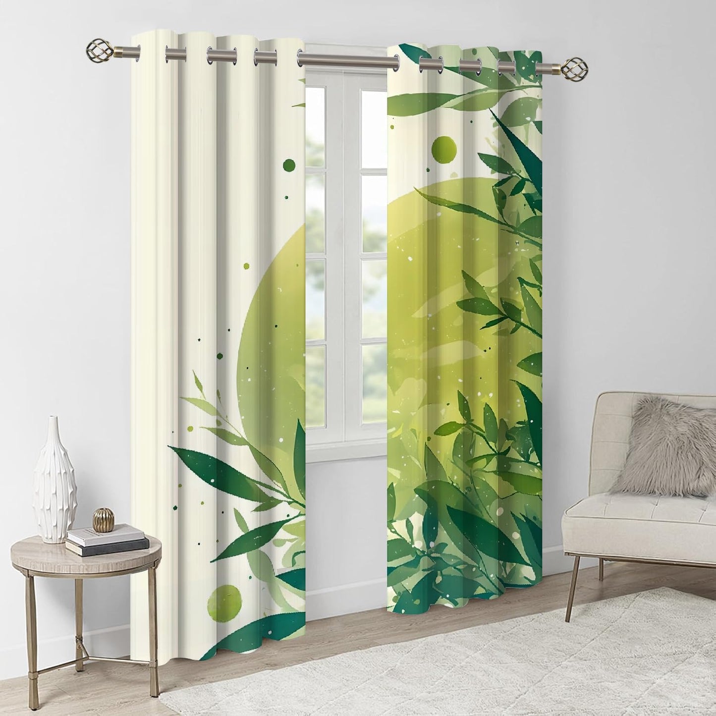 Green Plant Leaves Blackout Curtains, Bright Simple Background 3D Printed Top Grommet Drapes, 2 Panel Thermal Insulated Drapes for Sliding Glass Door Bedroom Living Room(52" W x 63 "L)