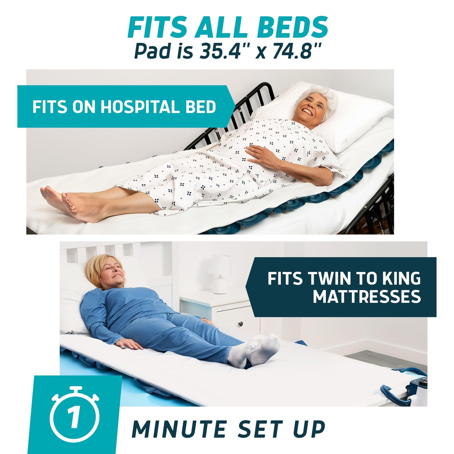 Lunderg PressuRelief Alternating Air Pressure Mattress Pad - with Snap-2-Pad Comfort Layer & Static Mode - Quiet Pump, Comfortable Bed Sore Prevention Mattress Topper for Hospital Bed or Home