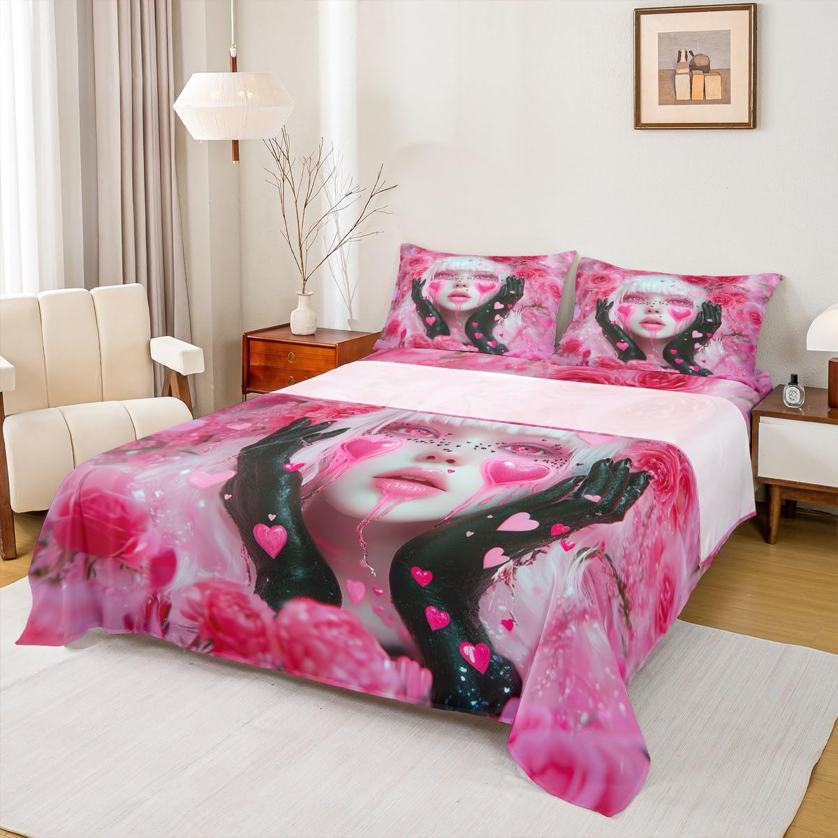 Erosebridal Pink Girl Sheet Set Twin Size Romance Rose Flowers Toddler Bedding Sets for Girls Anime Sheets, Modern Fashion Lady Art Bed Sheets Set Love Hearts Decorations with 1 Pillowcase